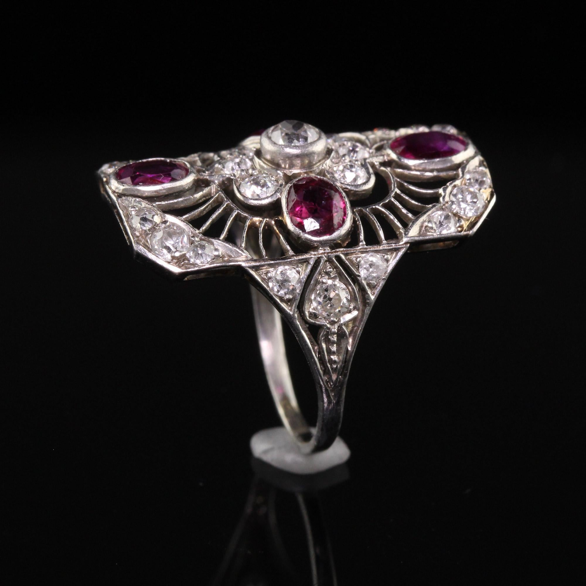 Antique Art Deco Platinum Old European Diamond and Ruby Filigree Shield Ring 1