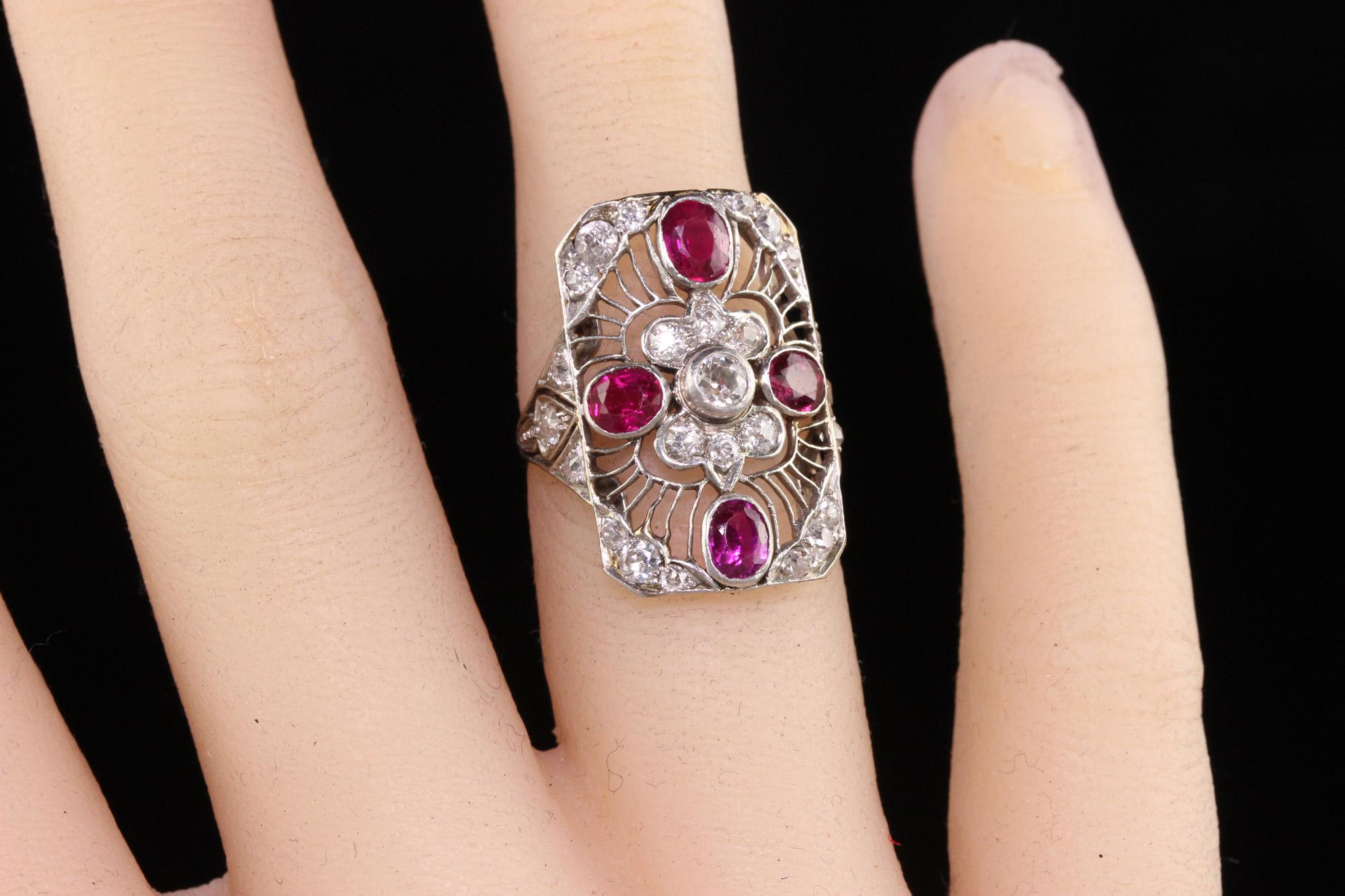 Antique Art Deco Platinum Old European Diamond and Ruby Filigree Shield Ring 2