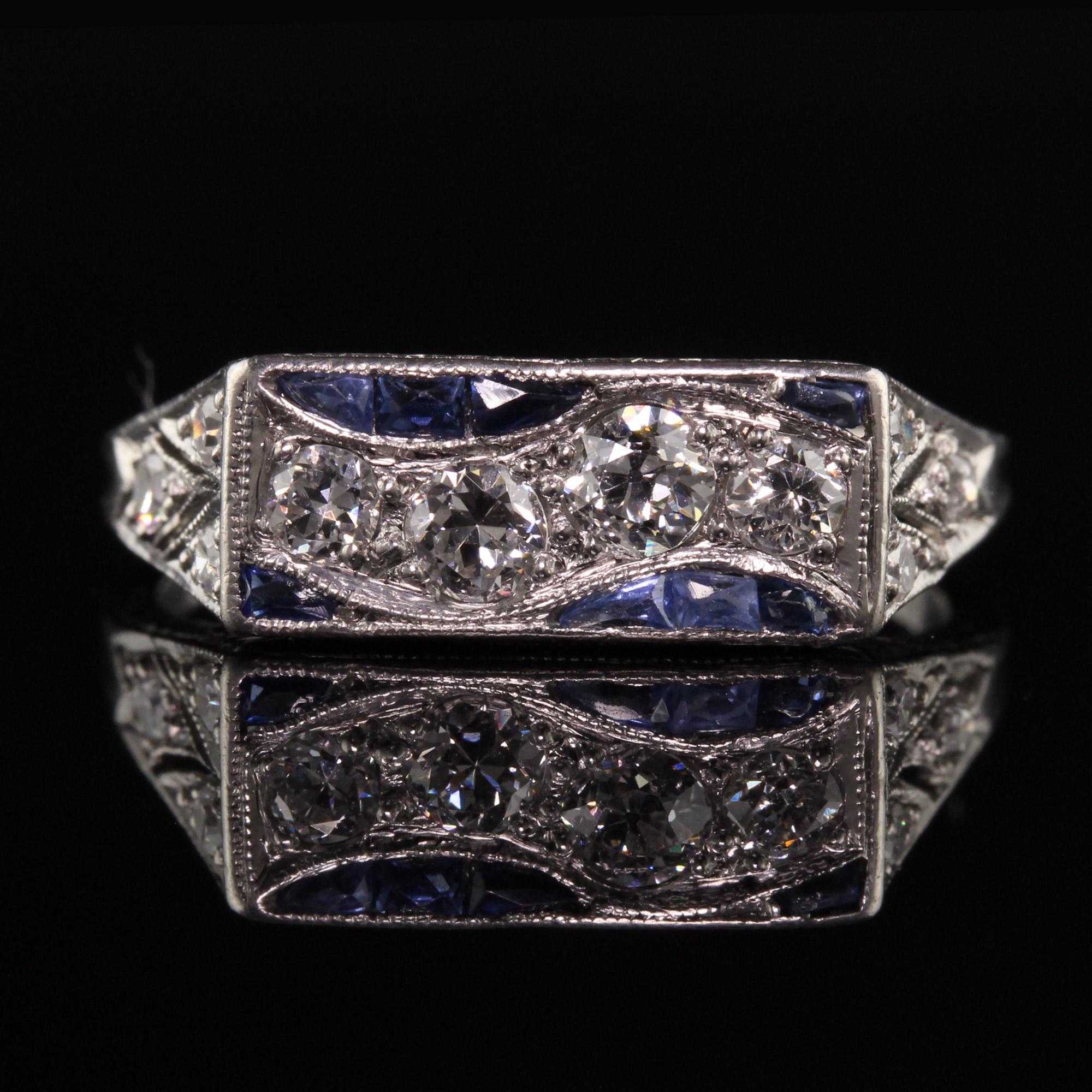 Antique Art Deco Platinum Old European Diamond and Sapphire Engraved Ring In Good Condition In Great Neck, NY