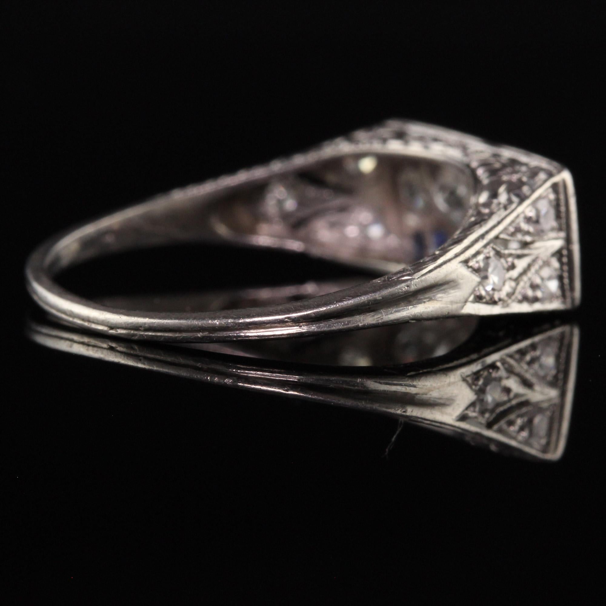 Women's Antique Art Deco Platinum Old European Diamond and Sapphire Engraved Ring