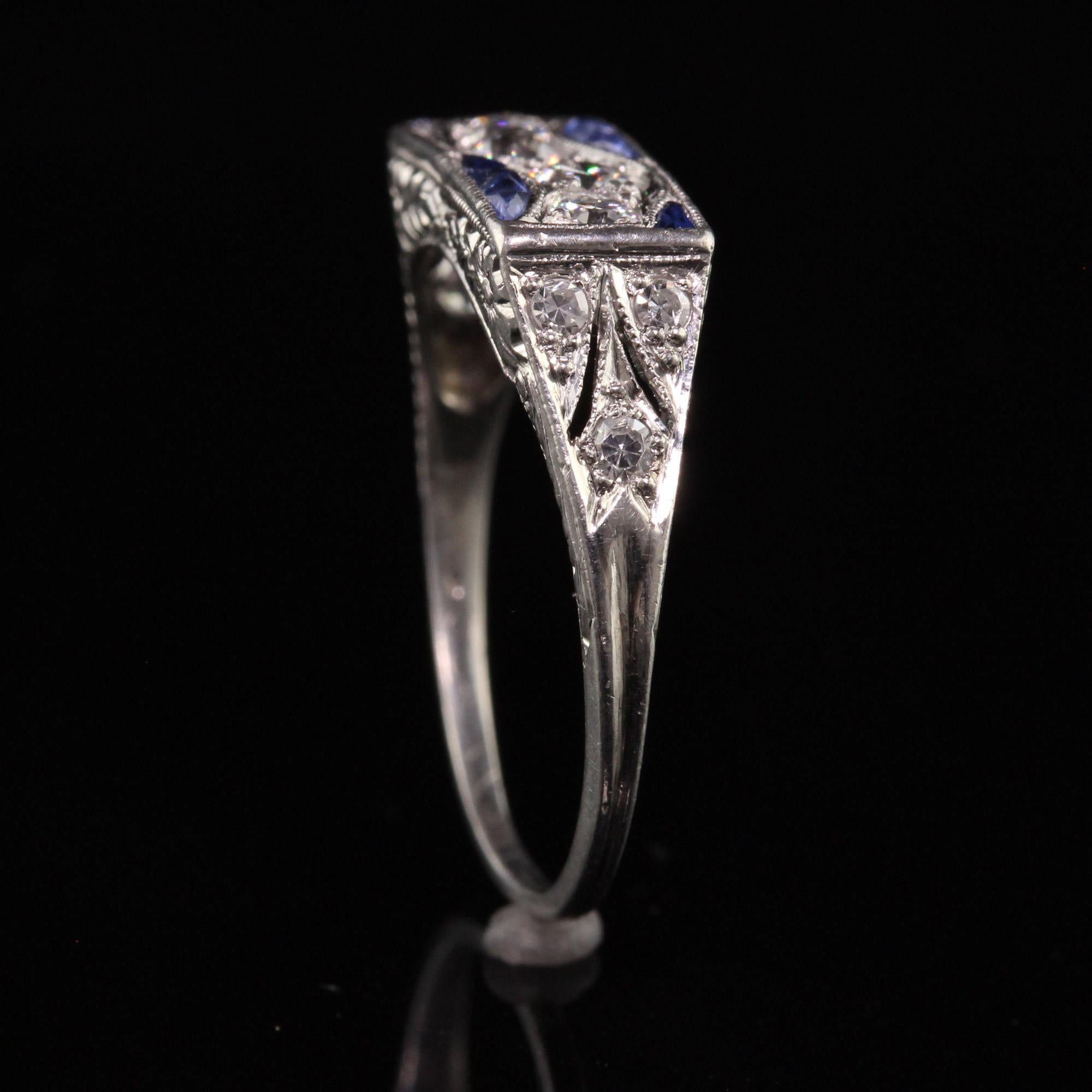 Antique Art Deco Platinum Old European Diamond and Sapphire Engraved Ring 1