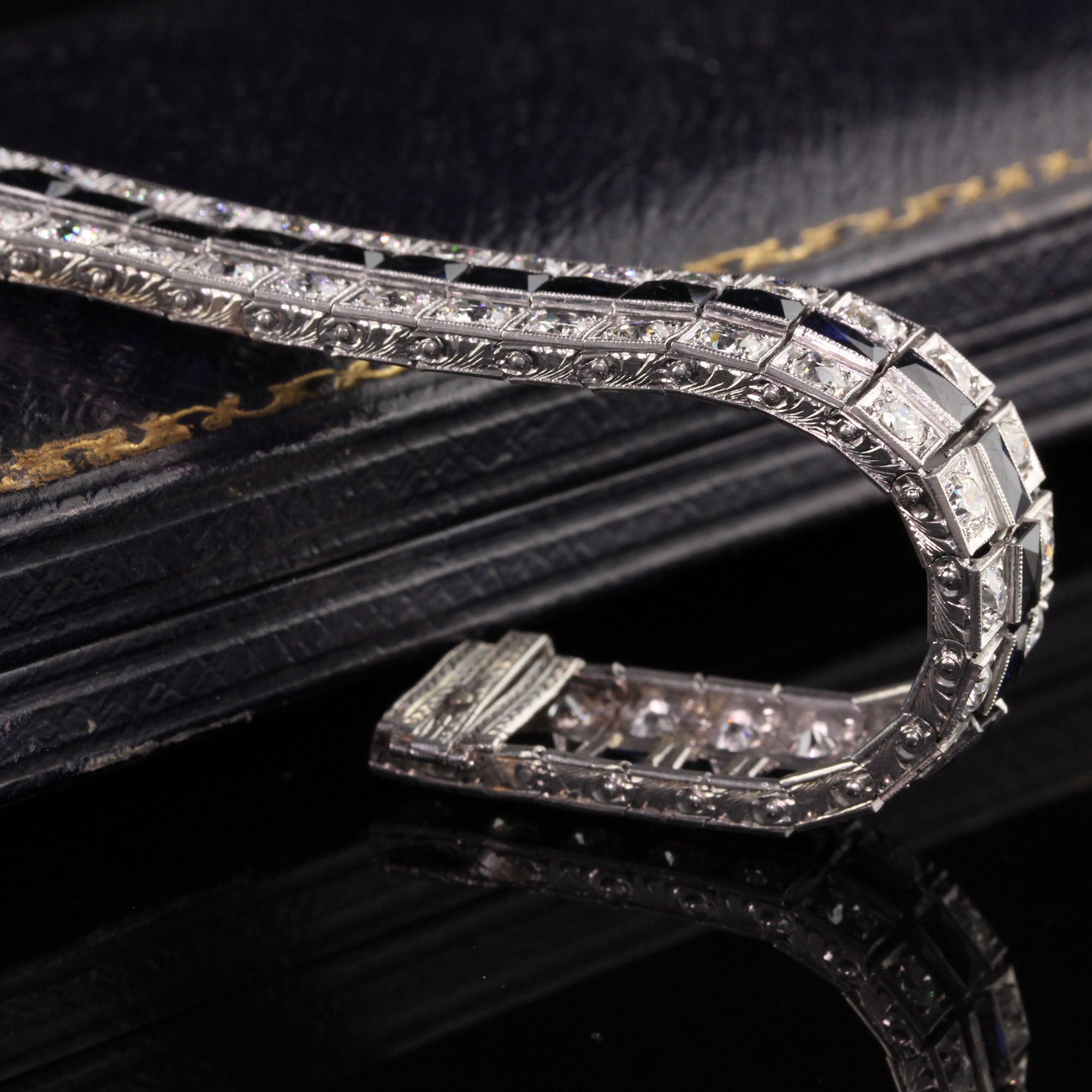 Old European Cut Antique Art Deco Platinum Old European Diamond and Sapphire Line Bracelet For Sale