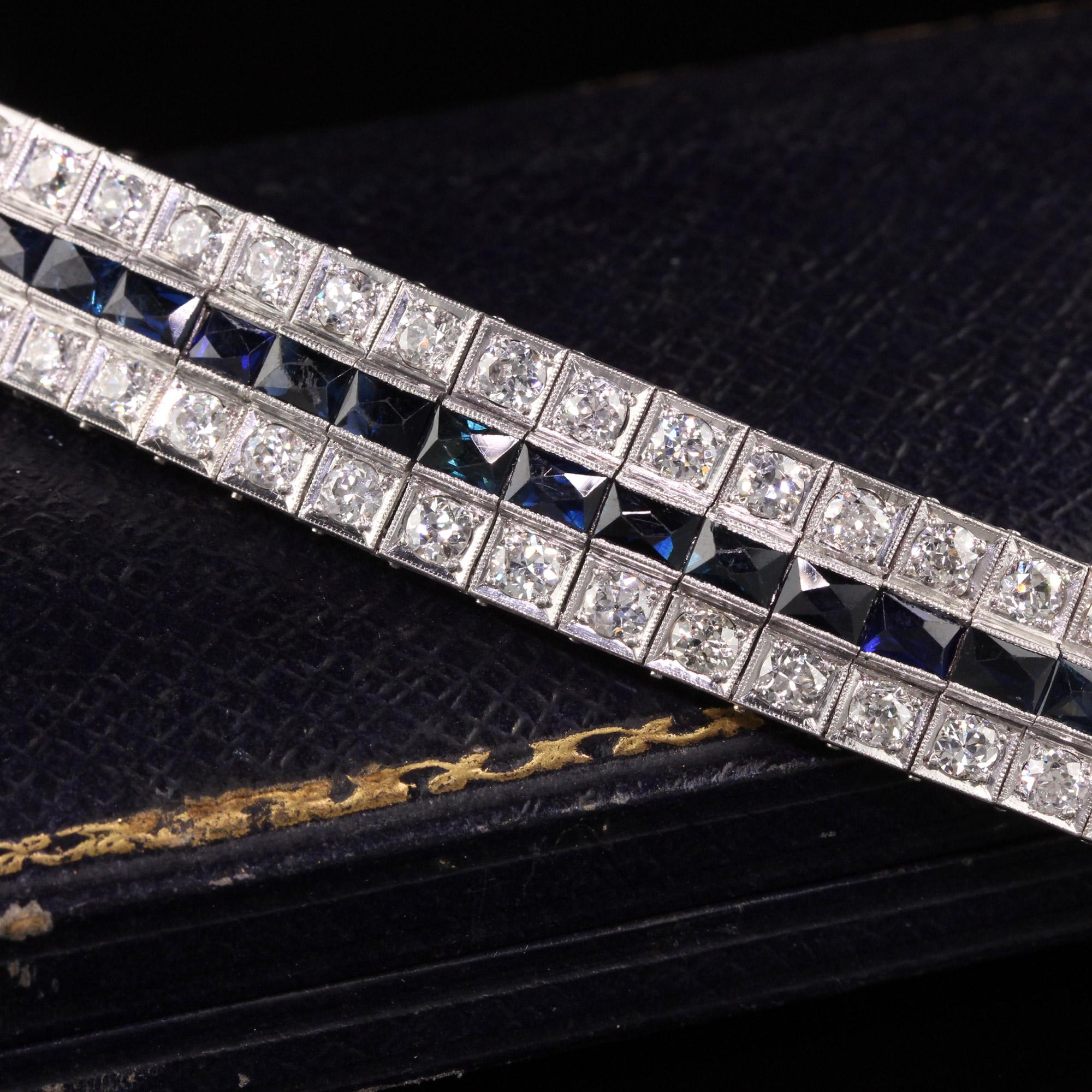 Antique Art Deco Platinum Old European Diamond and Sapphire Line Bracelet In Good Condition For Sale In Great Neck, NY