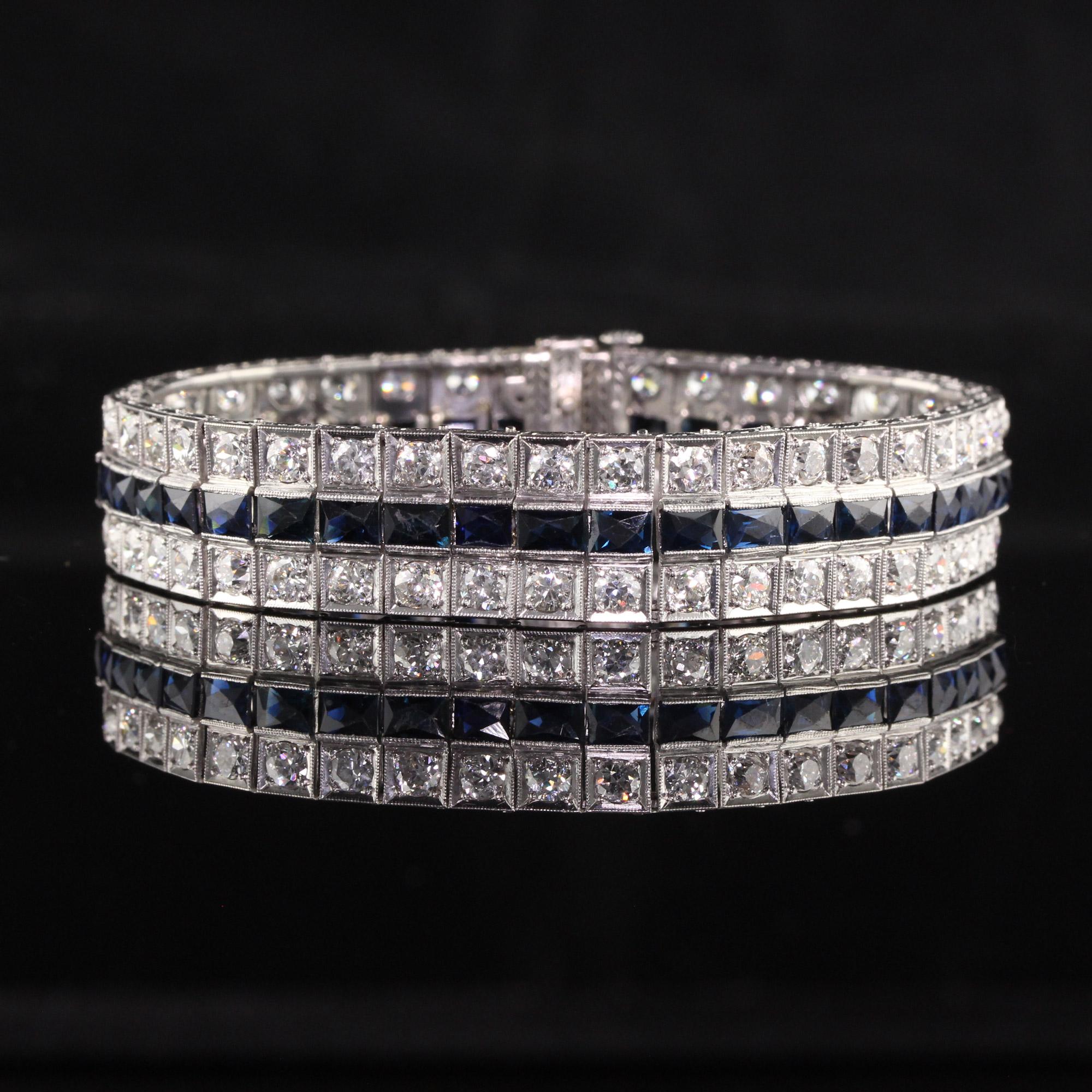 Antique Art Deco Platinum Old European Diamond and Sapphire Line Bracelet For Sale 1