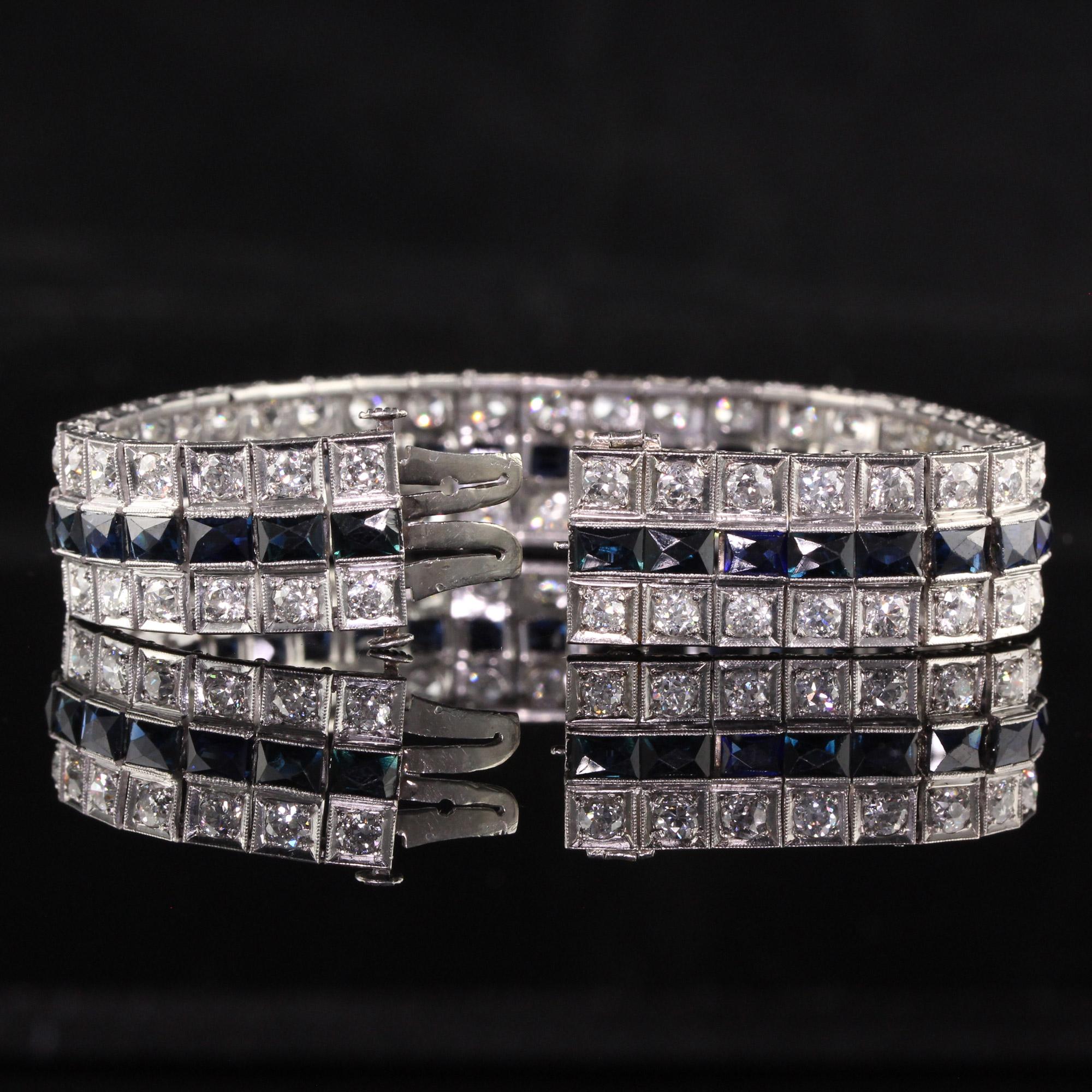 Antique Art Deco Platinum Old European Diamond and Sapphire Line Bracelet For Sale 2