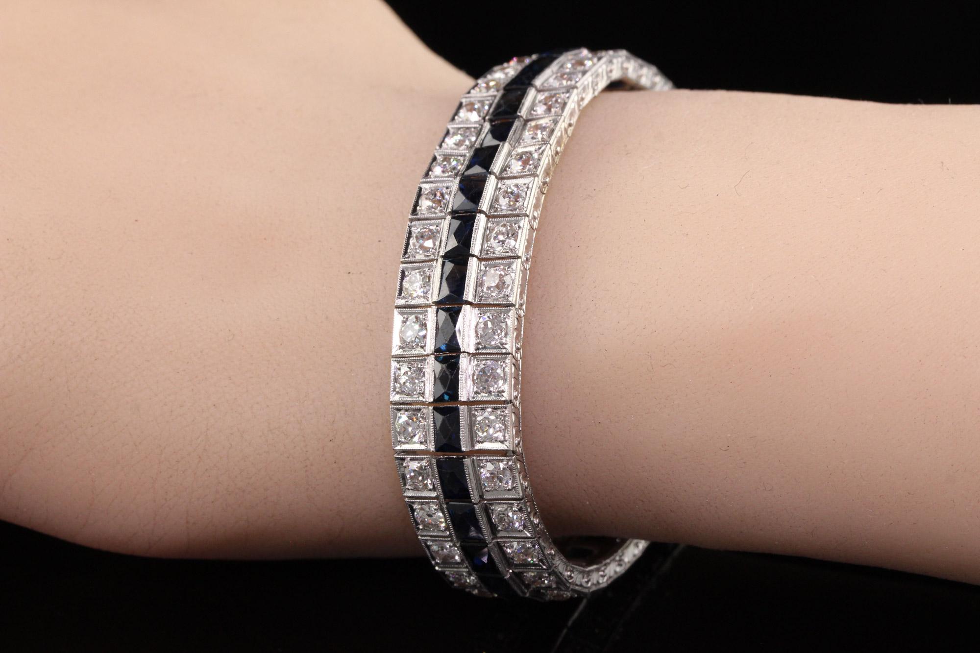 Antique Art Deco Platinum Old European Diamond and Sapphire Line Bracelet For Sale 3