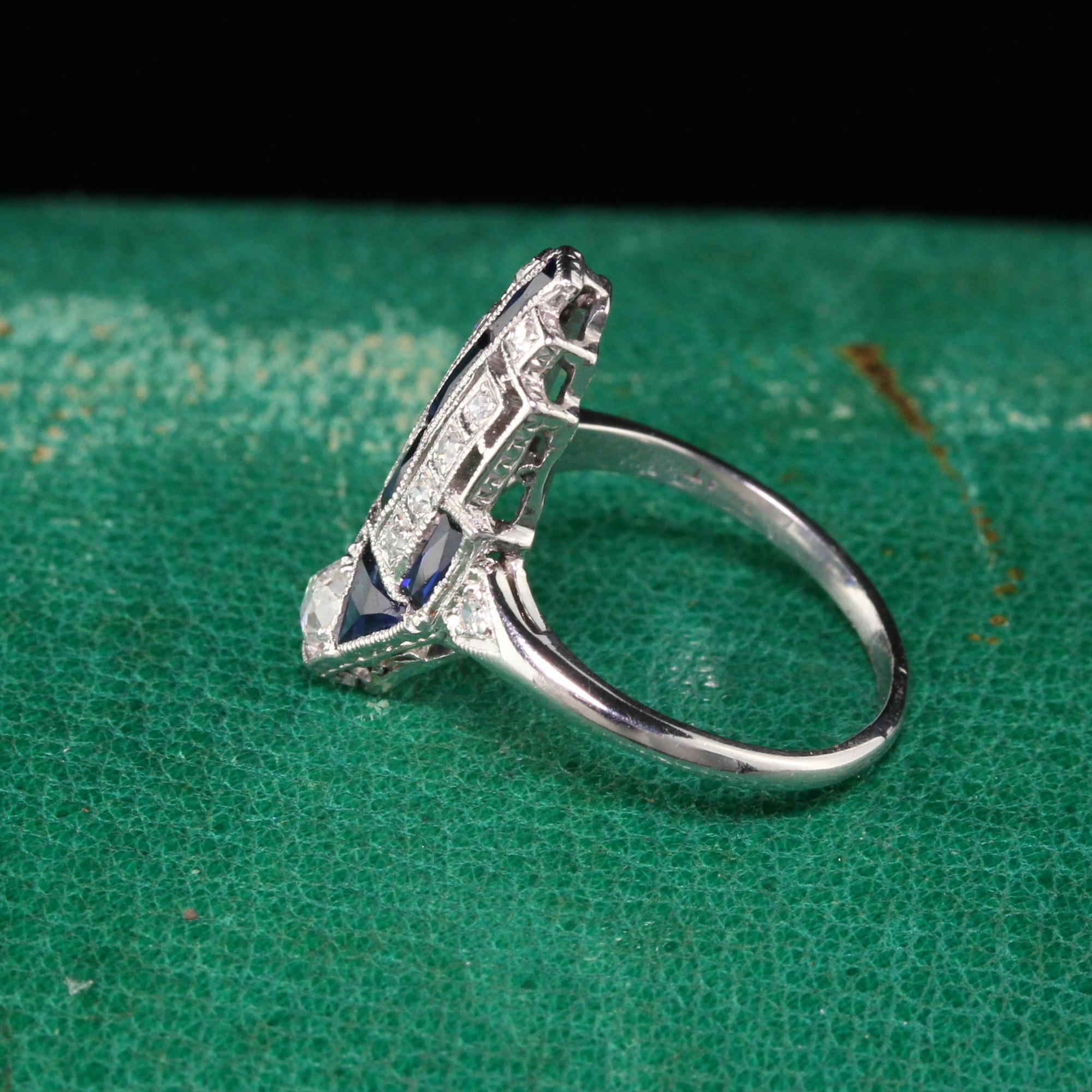 Beautiful Antique Art Deco Platinum Old European Diamond and Sapphire Ring. This beautiful ring features old european cut diamonds and synthetic sapphires in an egyptian revival design. Truly a unique and amazing piece! 

Item #R0615

Metal: