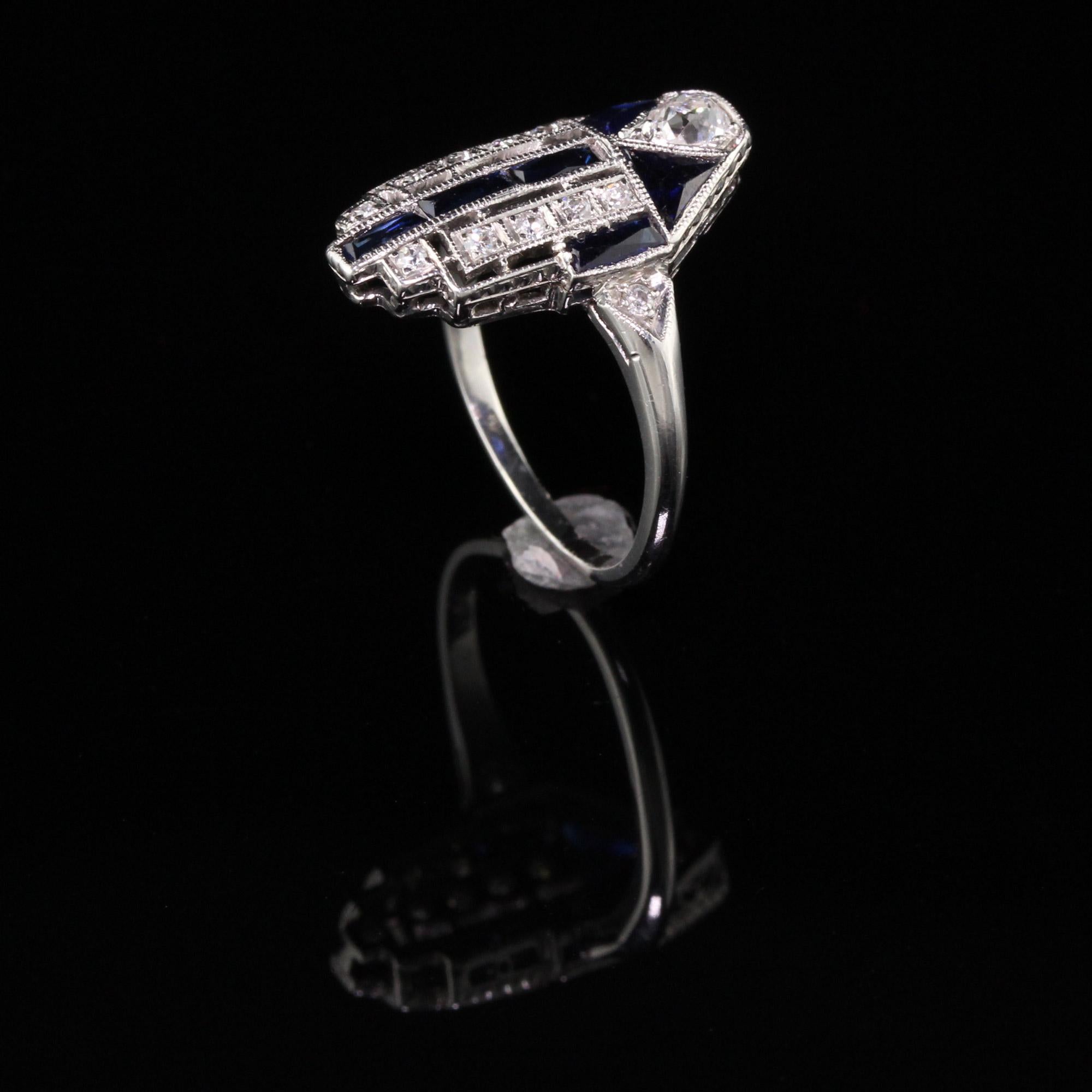 Antique Art Deco Platinum Old European Diamond and Sapphire Ring In Good Condition In Great Neck, NY