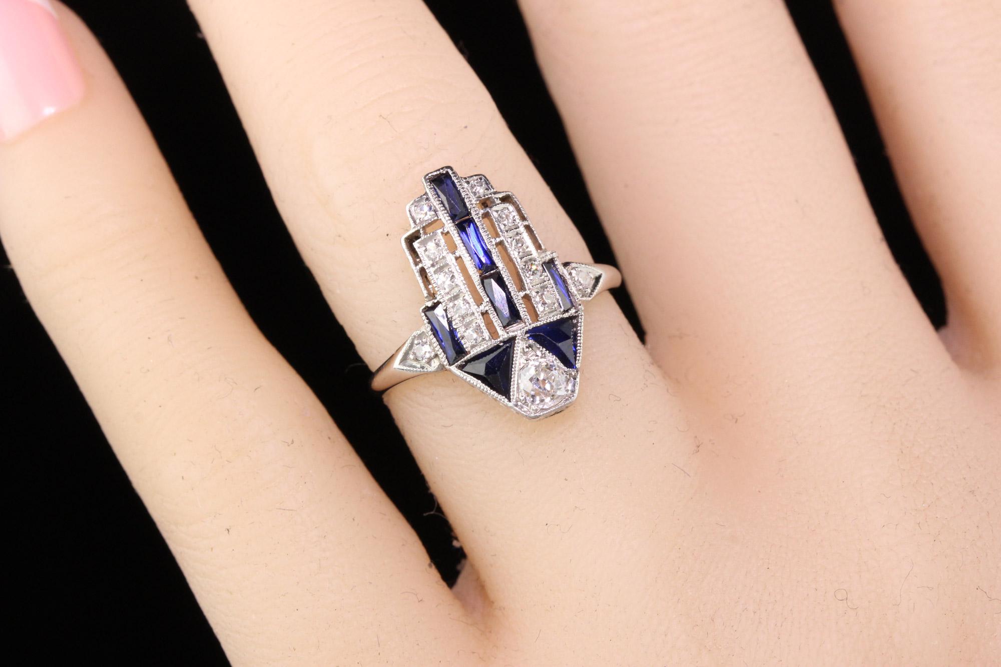 Women's Antique Art Deco Platinum Old European Diamond and Sapphire Ring