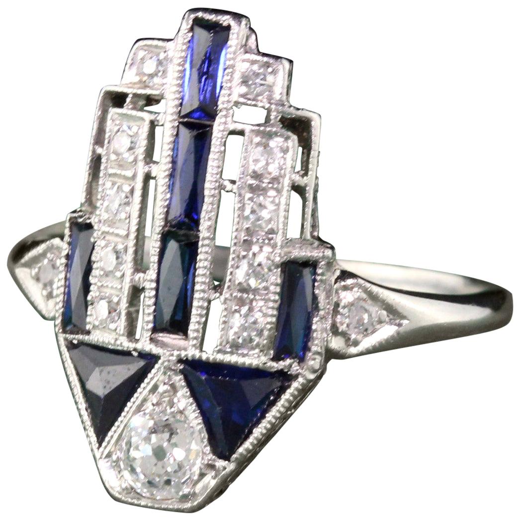 Antique Art Deco Platinum Old European Diamond and Sapphire Ring