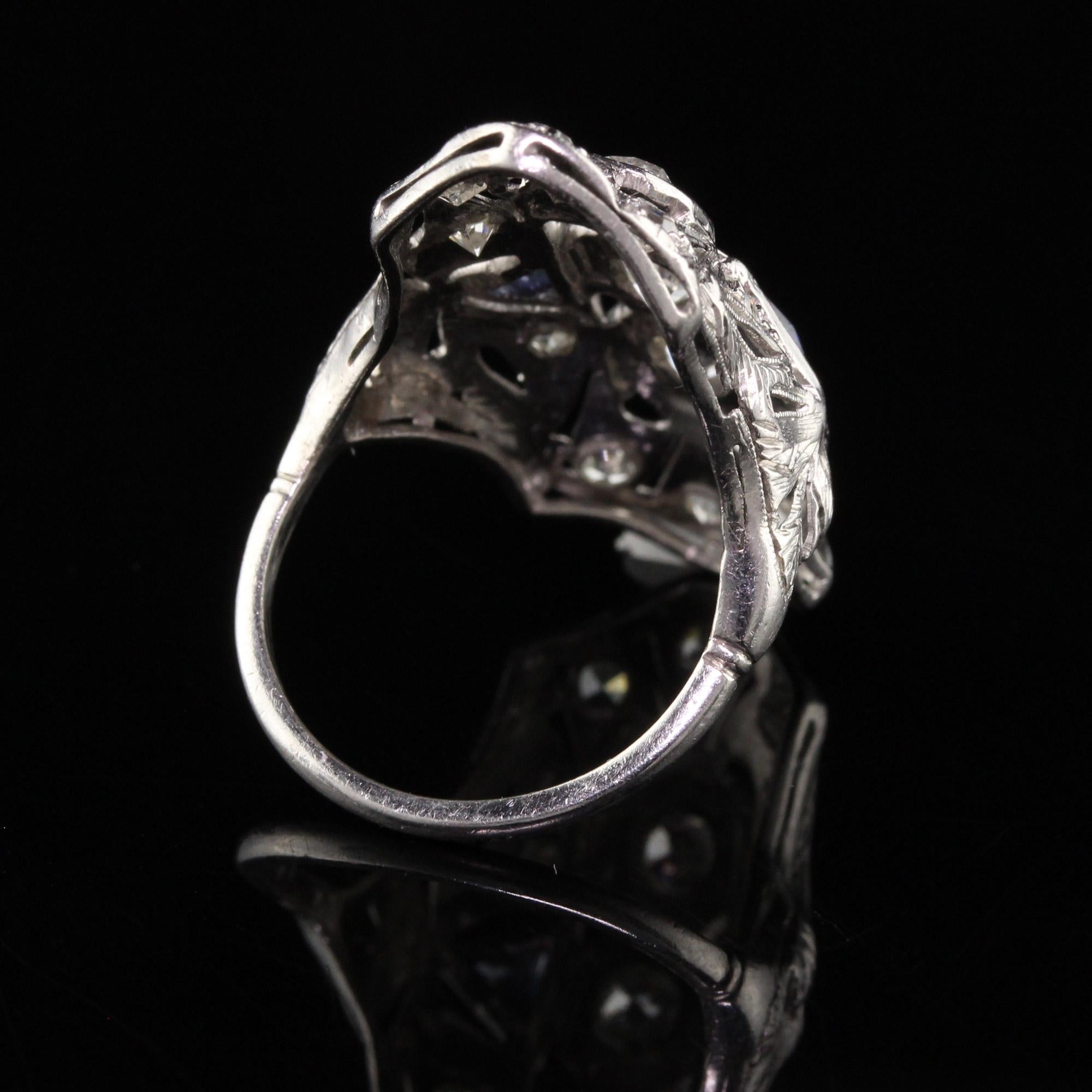 Old European Cut Antique Art Deco Platinum Old European Diamond and Sapphire Shield Ring