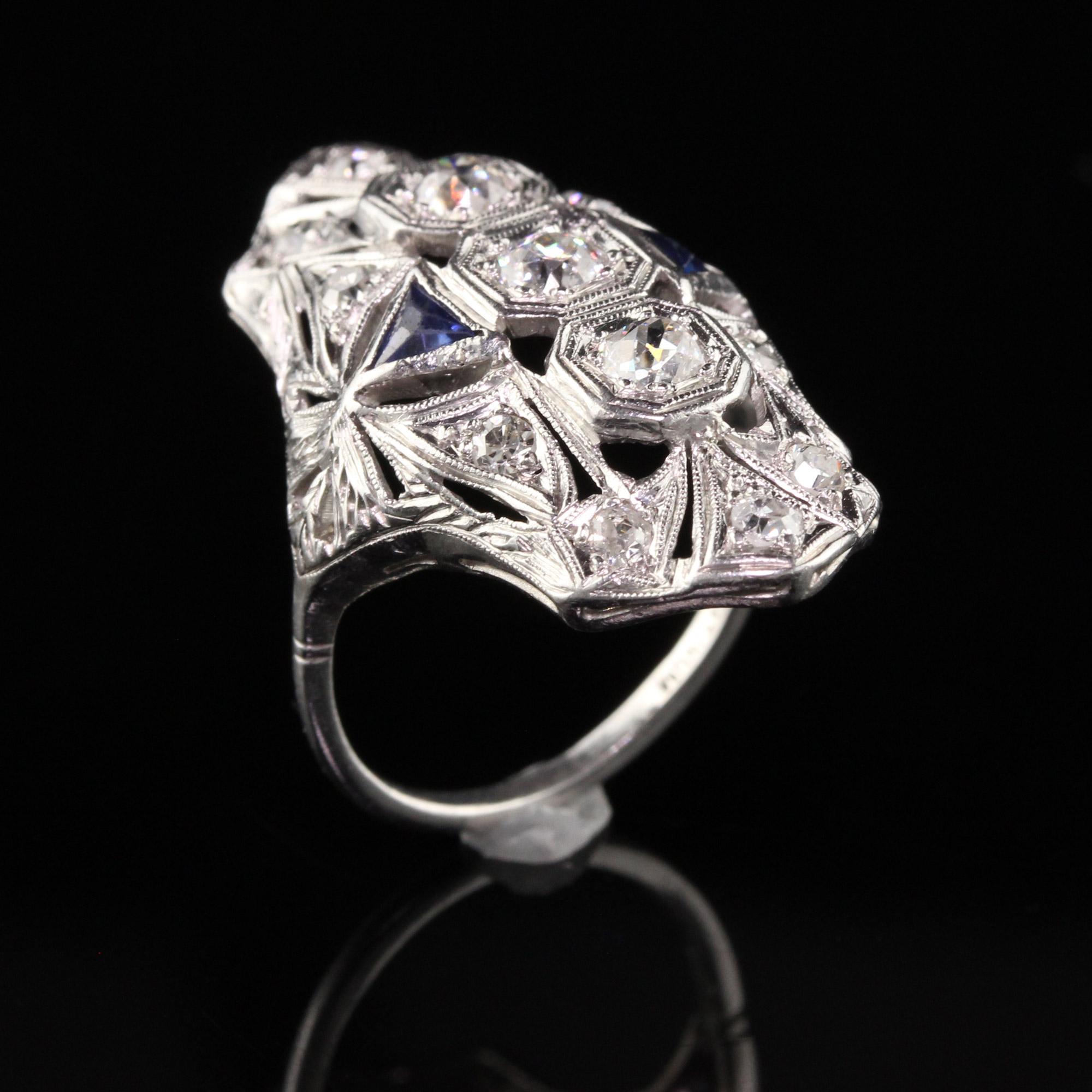 Antique Art Deco Platinum Old European Diamond and Sapphire Shield Ring In Good Condition In Great Neck, NY