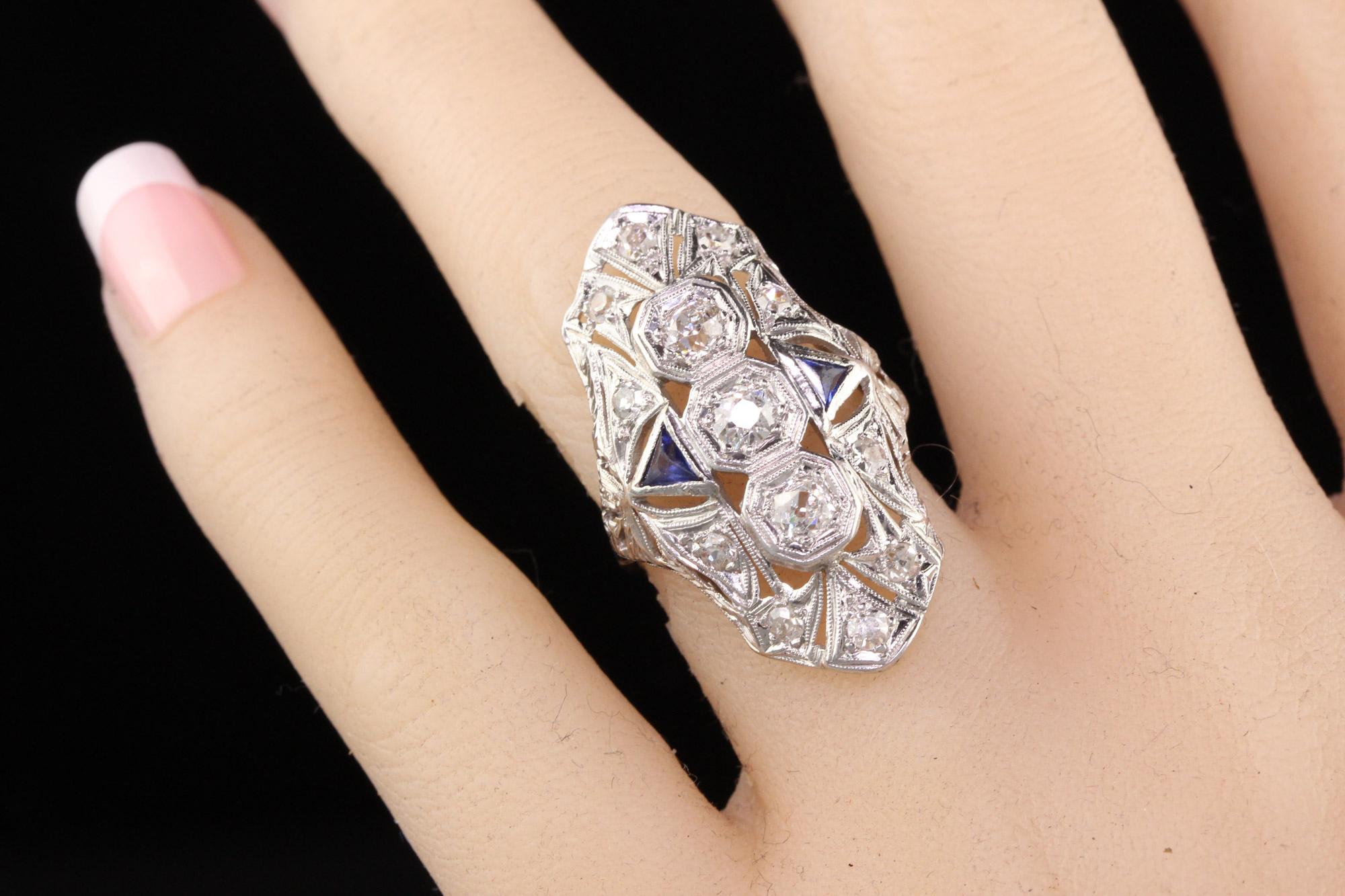 Women's Antique Art Deco Platinum Old European Diamond and Sapphire Shield Ring