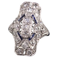 Antique Art Deco Platinum Old European Diamond and Sapphire Shield Ring