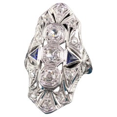 Antique Art Deco Platinum Old European Diamond and Sapphire Shield Ring