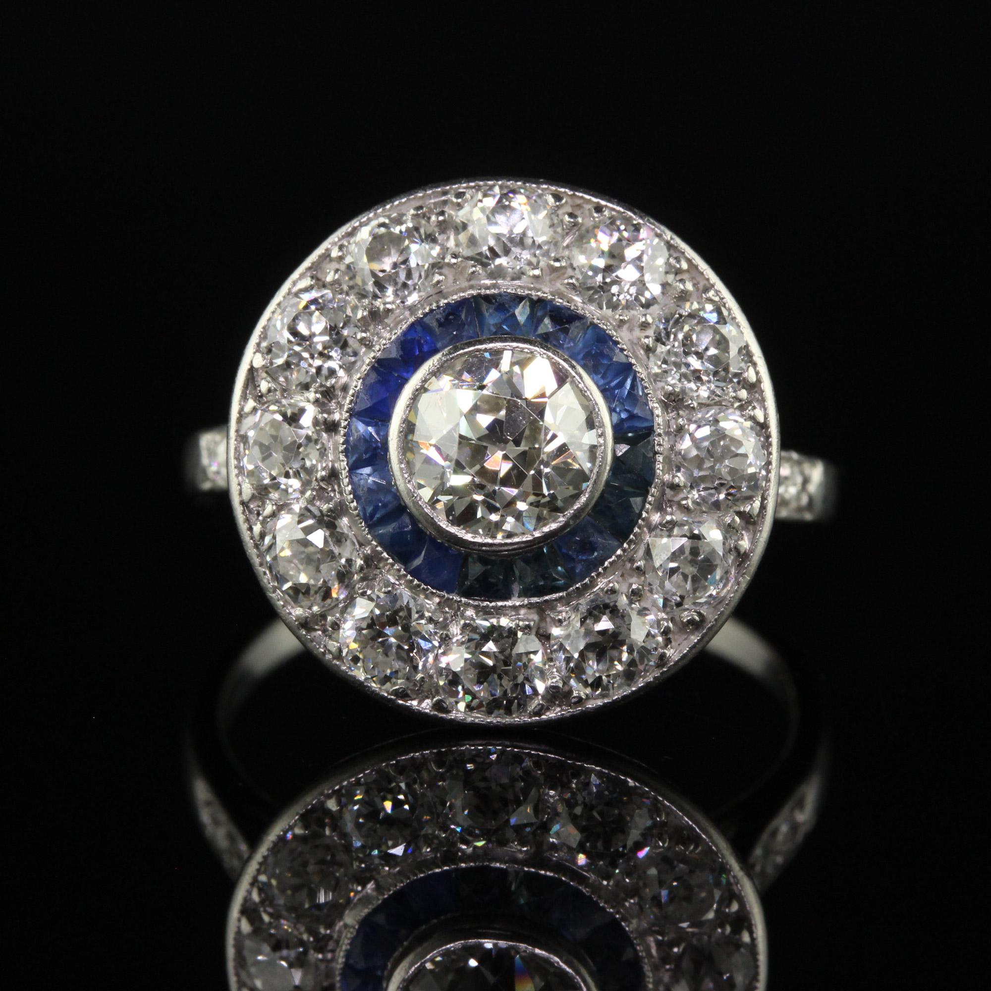 Antique Art Deco Platinum Old European Diamond and Sapphire Target Engagement Ri In Good Condition For Sale In Great Neck, NY