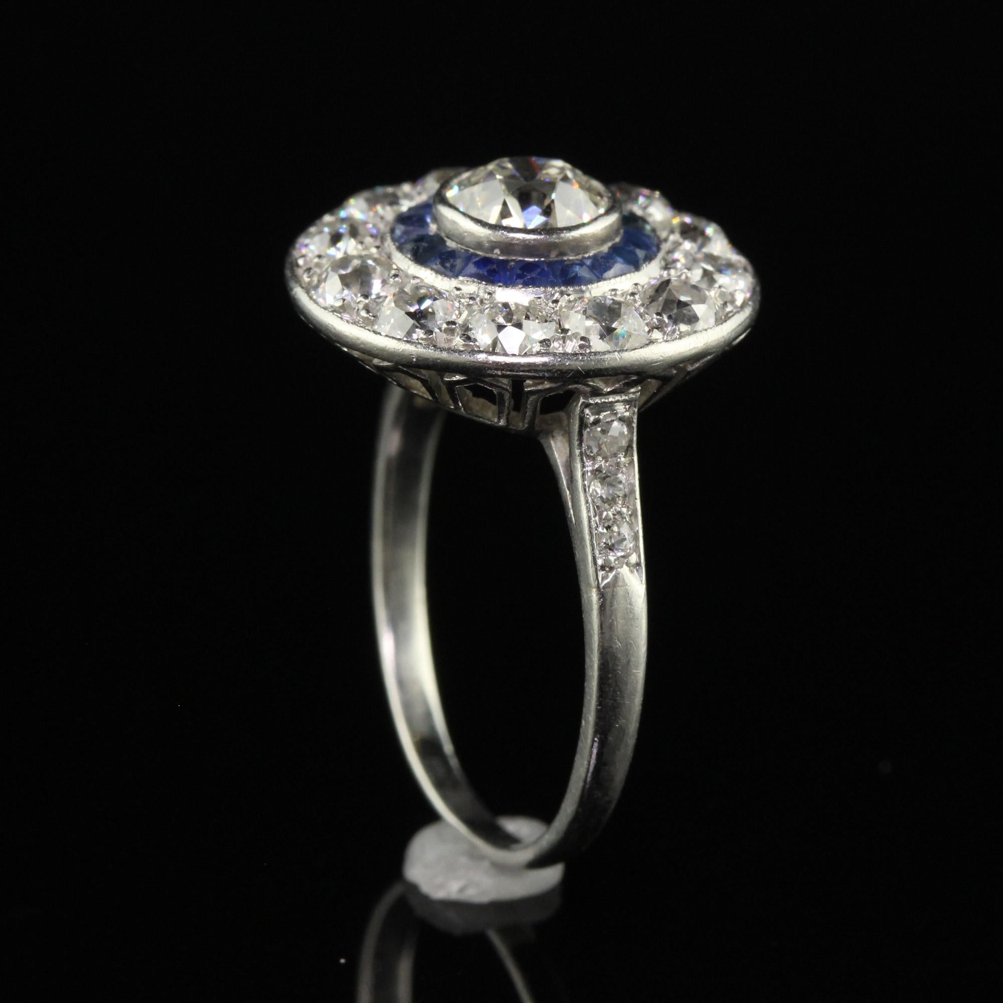 Antique Art Deco Platinum Old European Diamond and Sapphire Target Engagement Ri For Sale 1