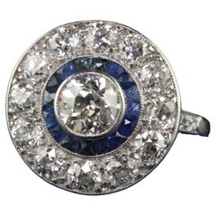 Antique Art Deco Platinum Old European Diamond and Sapphire Target Engagement Ri