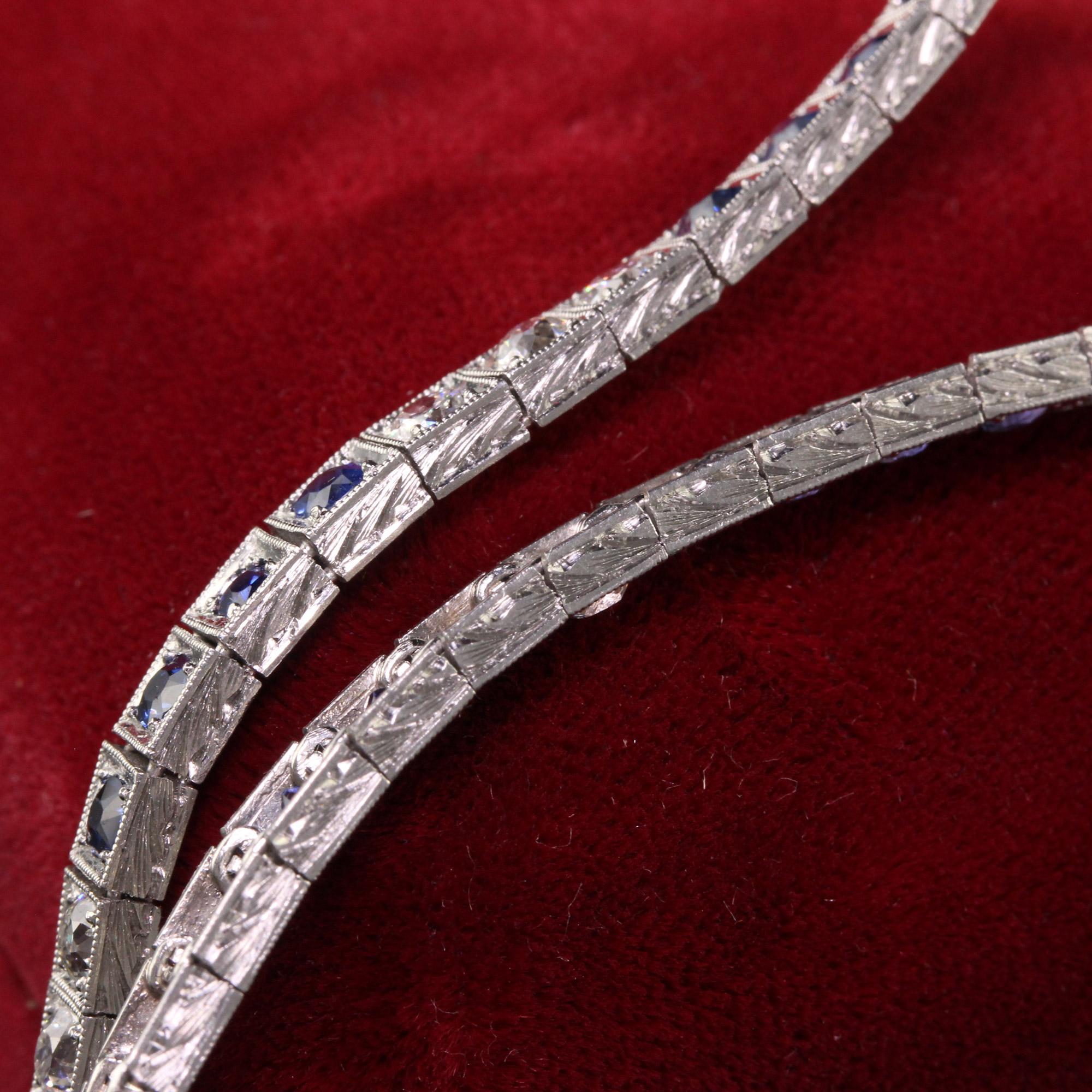 Old European Cut Antique Art Deco Platinum Old European Diamond and Sapphire Tennis Bracelet For Sale
