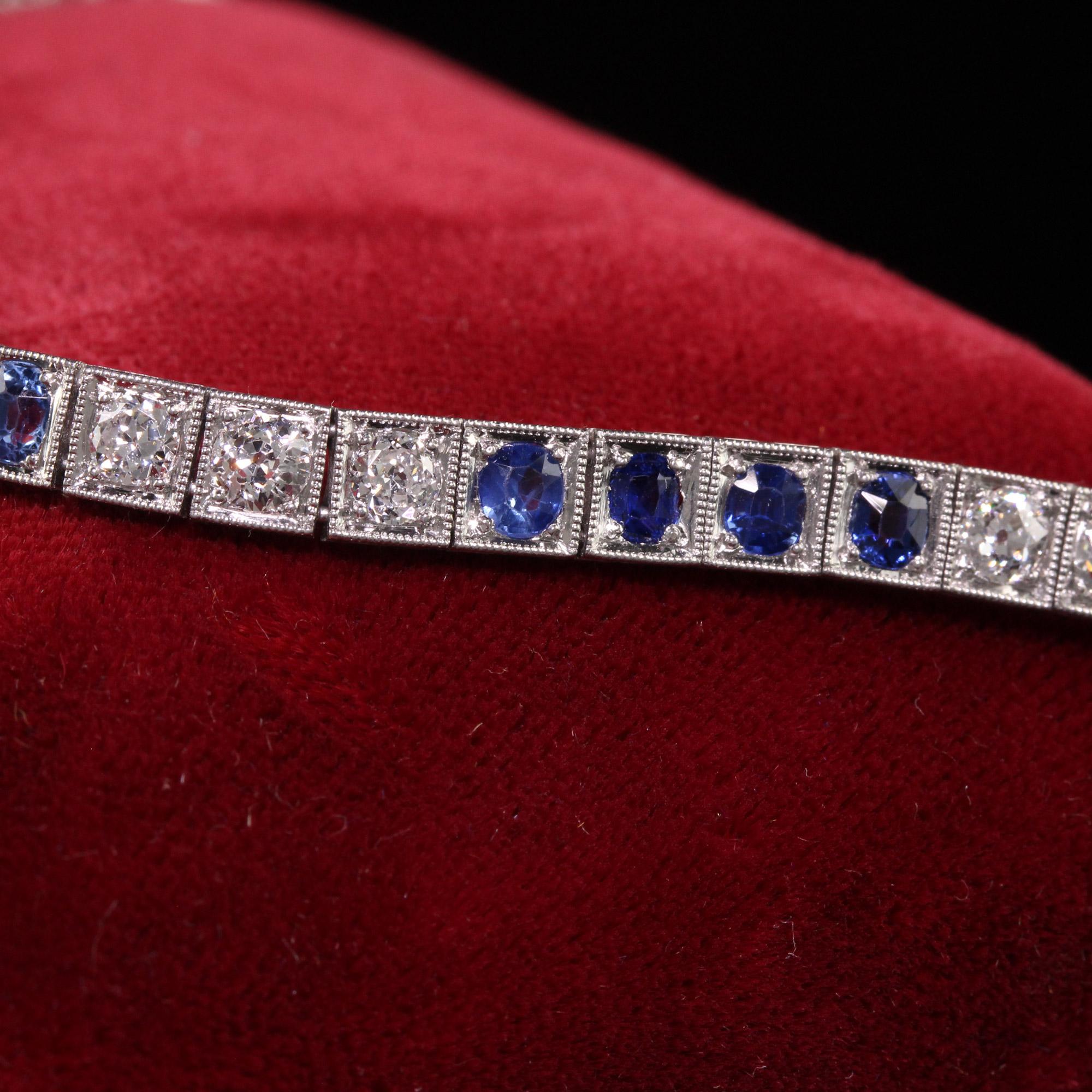 Women's Antique Art Deco Platinum Old European Diamond and Sapphire Tennis Bracelet For Sale