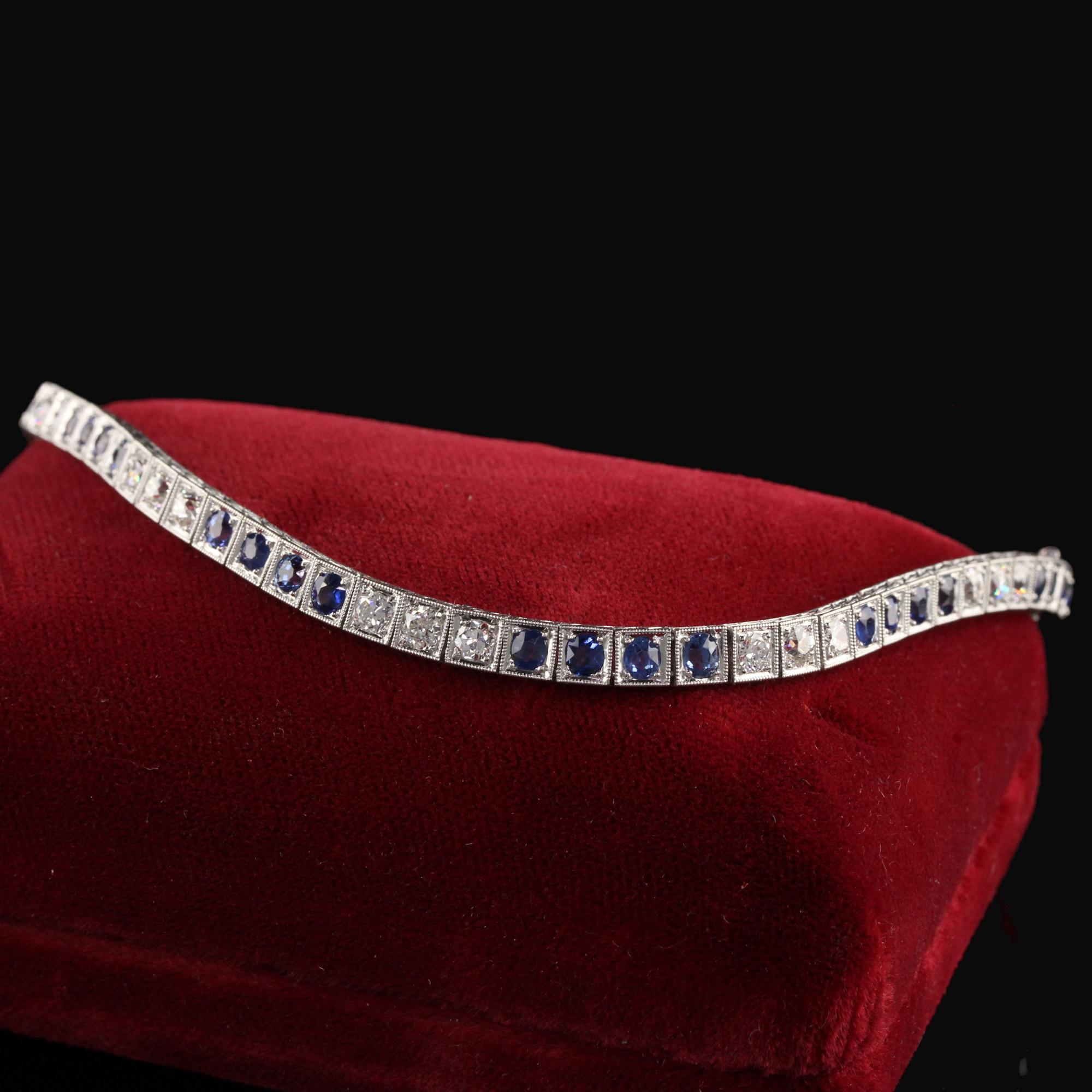 Antikes Art-Déco-Tennisarmband aus Platin mit alteuropäischen Diamanten und Saphiren Damen im Angebot