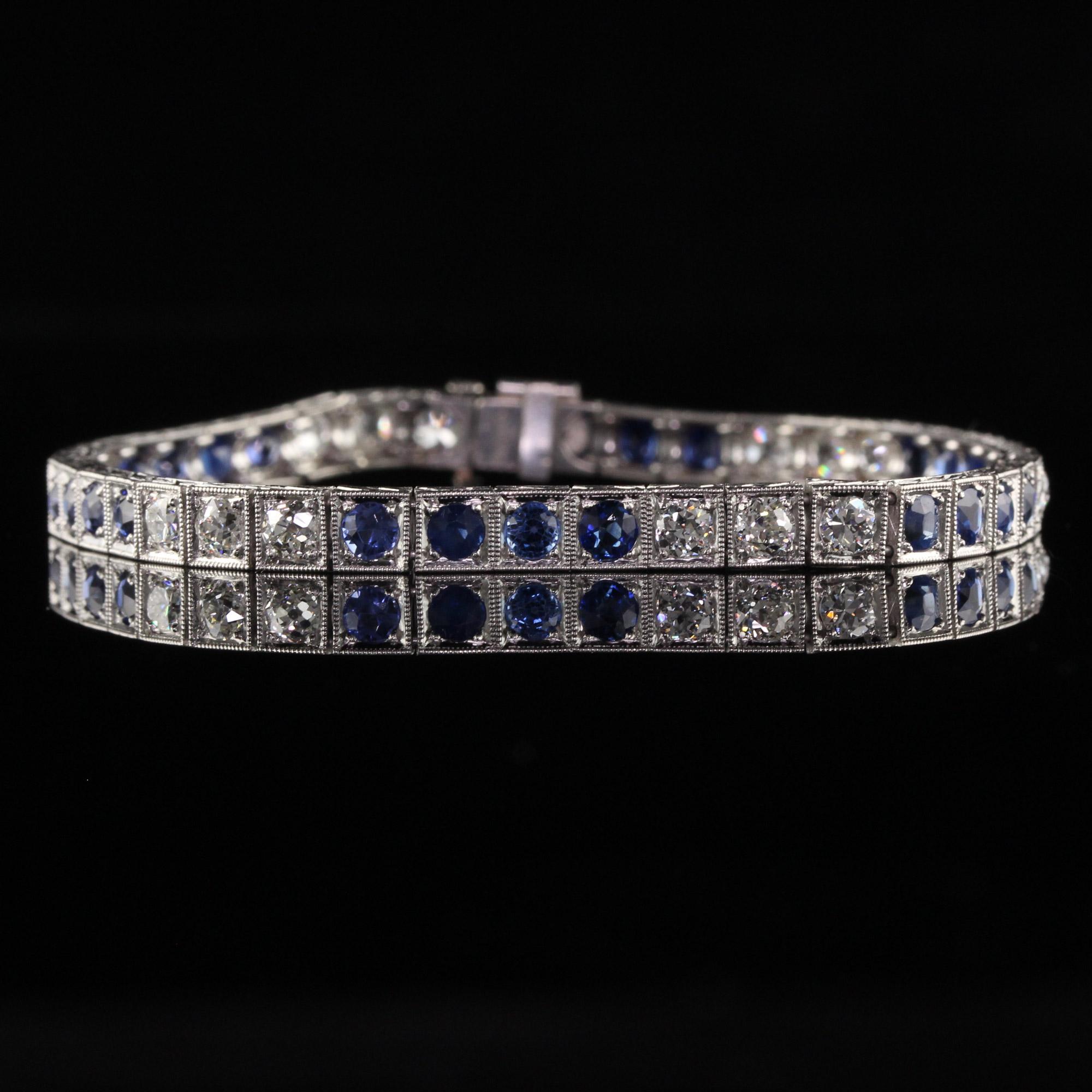 Antique Art Deco Platinum Old European Diamond and Sapphire Tennis Bracelet For Sale 2