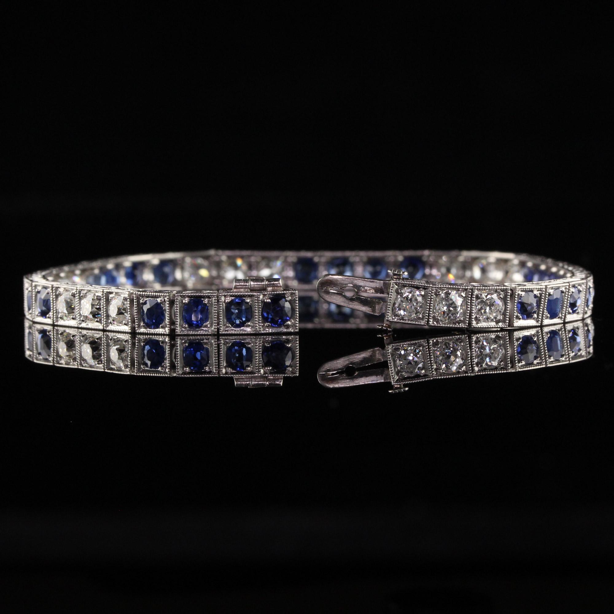 Antique Art Deco Platinum Old European Diamond and Sapphire Tennis Bracelet For Sale 3