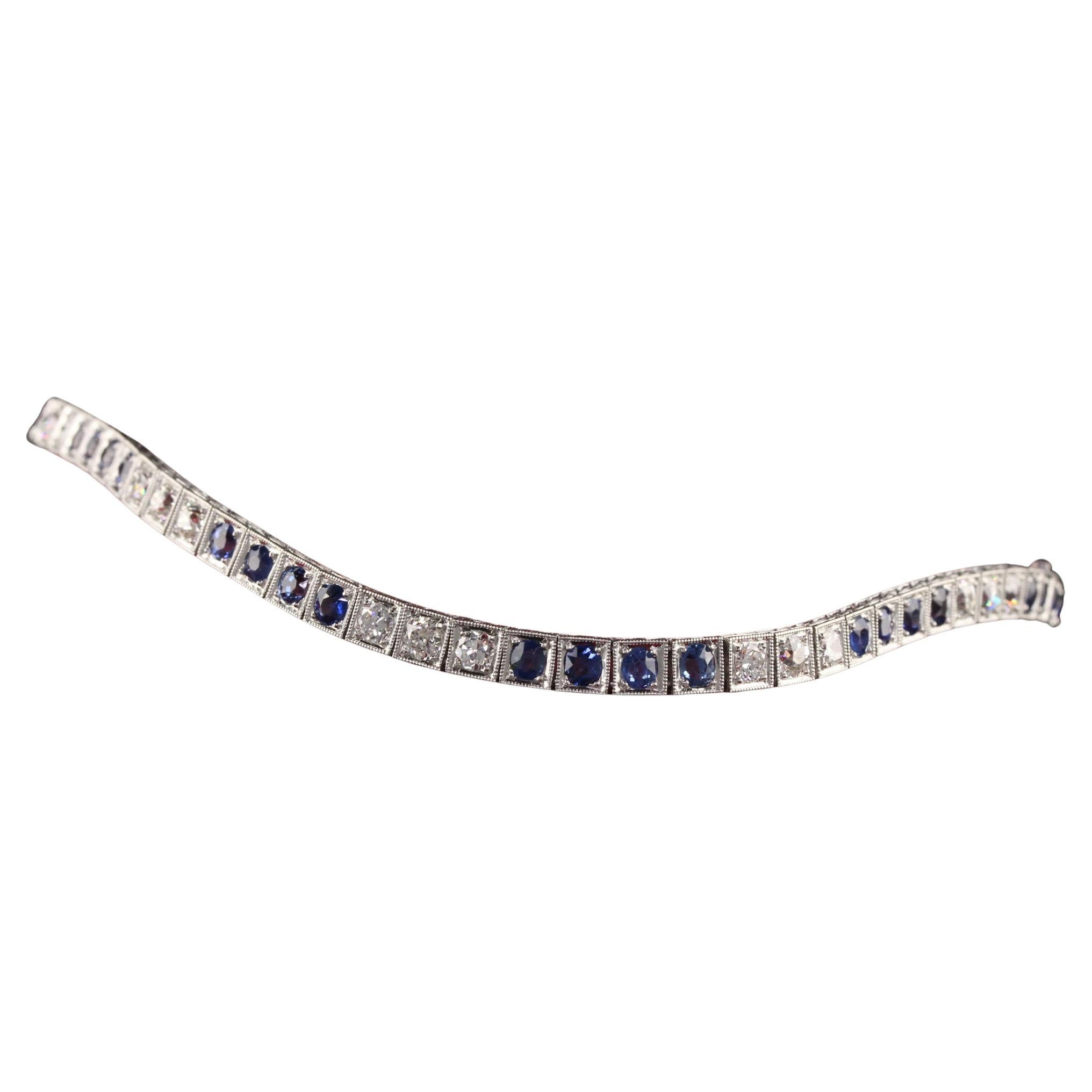 Antique Art Deco Platinum Old European Diamond and Sapphire Tennis Bracelet