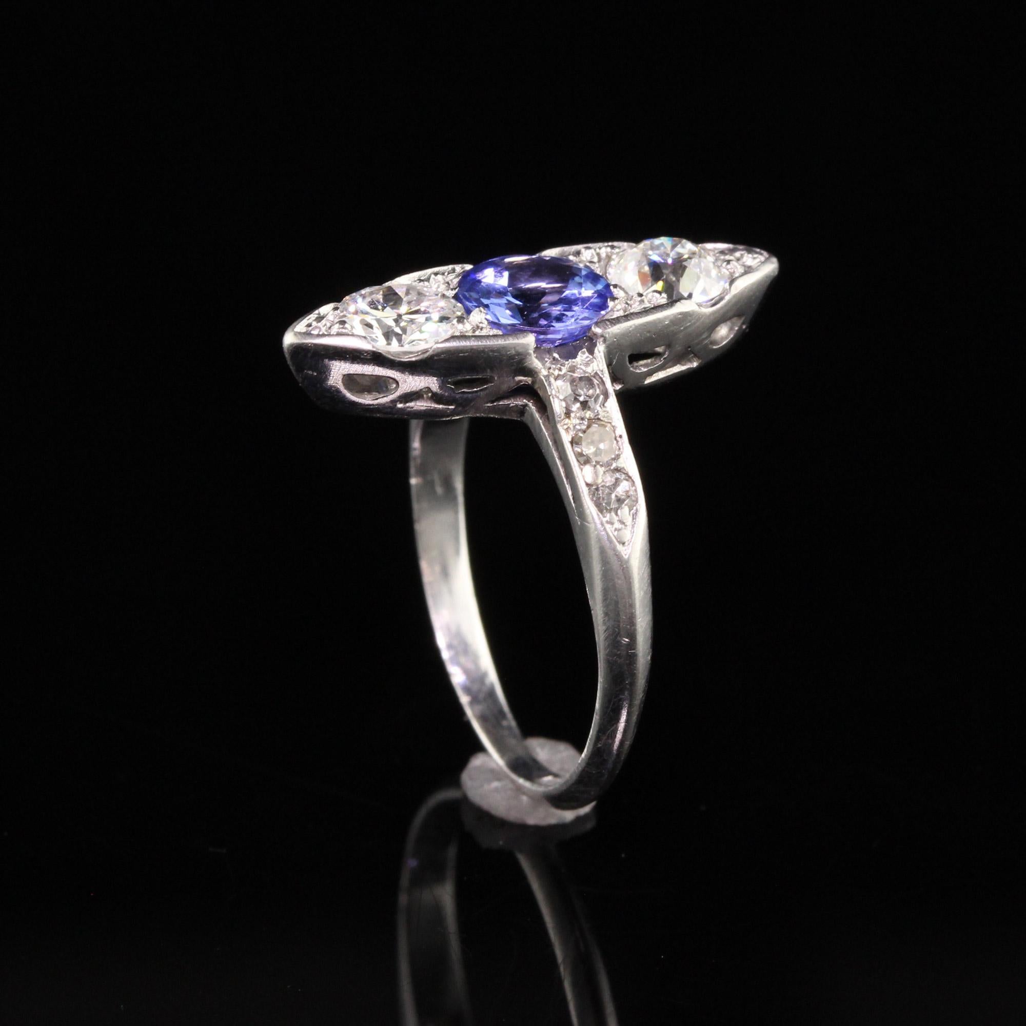 Women's Antique Art Deco Platinum Old European Diamond and Sapphire Three Stone Ring