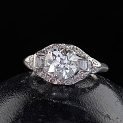 Antique Art Deco Platinum Old European Diamond Baguette Engagement Ring - GIA