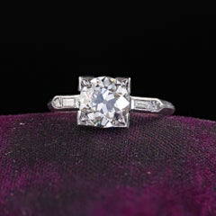 Antique Art Deco Platinum Old European Diamond Baguette Engagement Ring - GIA