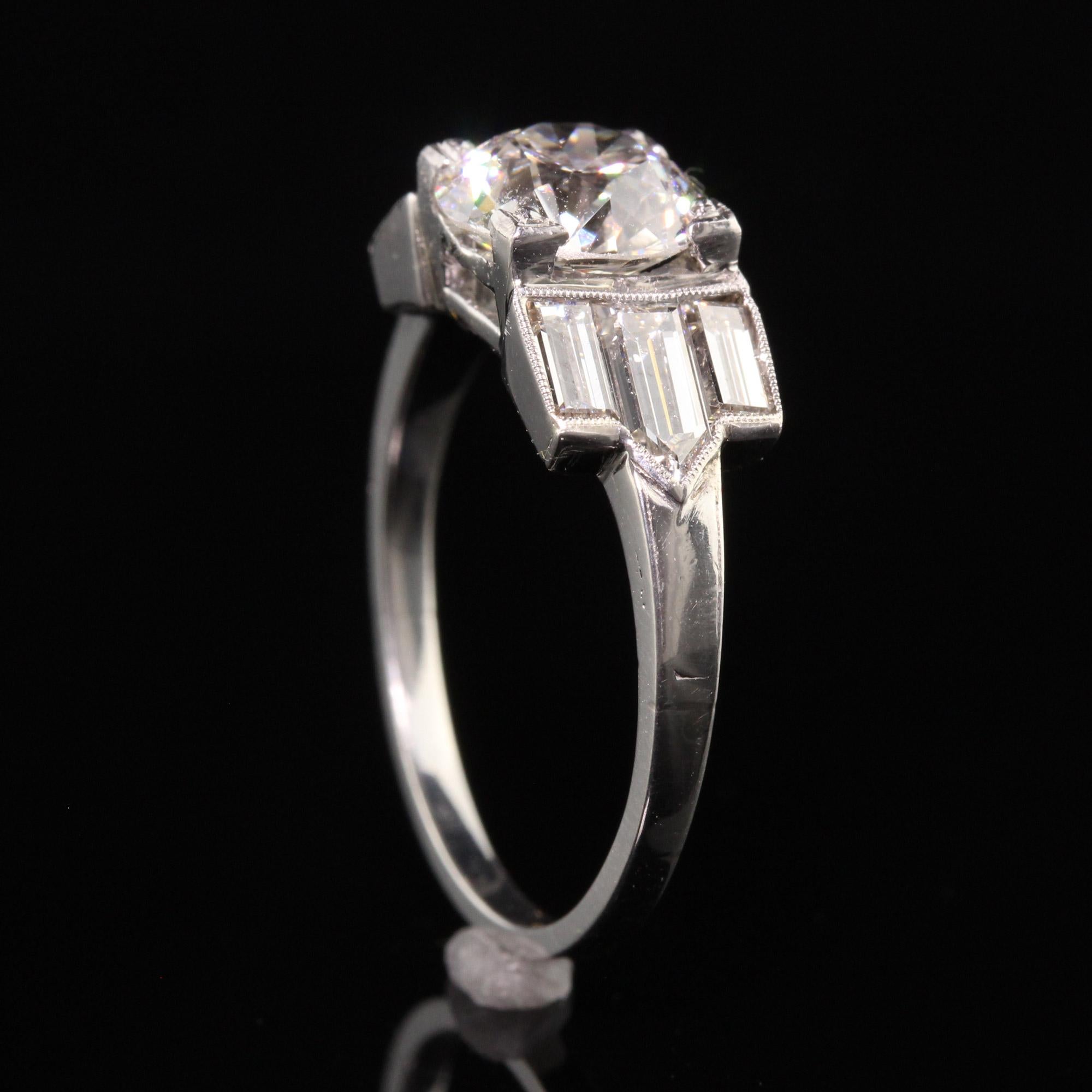 Antique Art Deco Platinum Old European Diamond Baguette Engagement Ring - GIA In Good Condition In Great Neck, NY