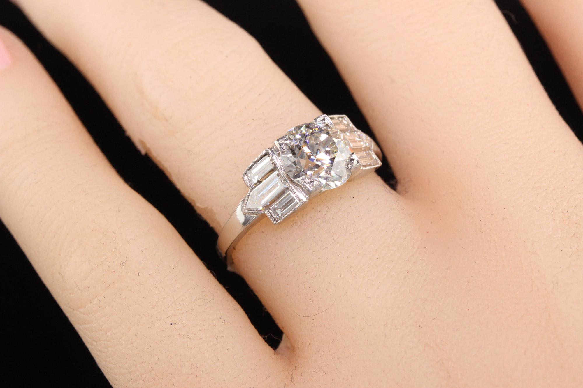 Women's Antique Art Deco Platinum Old European Diamond Baguette Engagement Ring - GIA