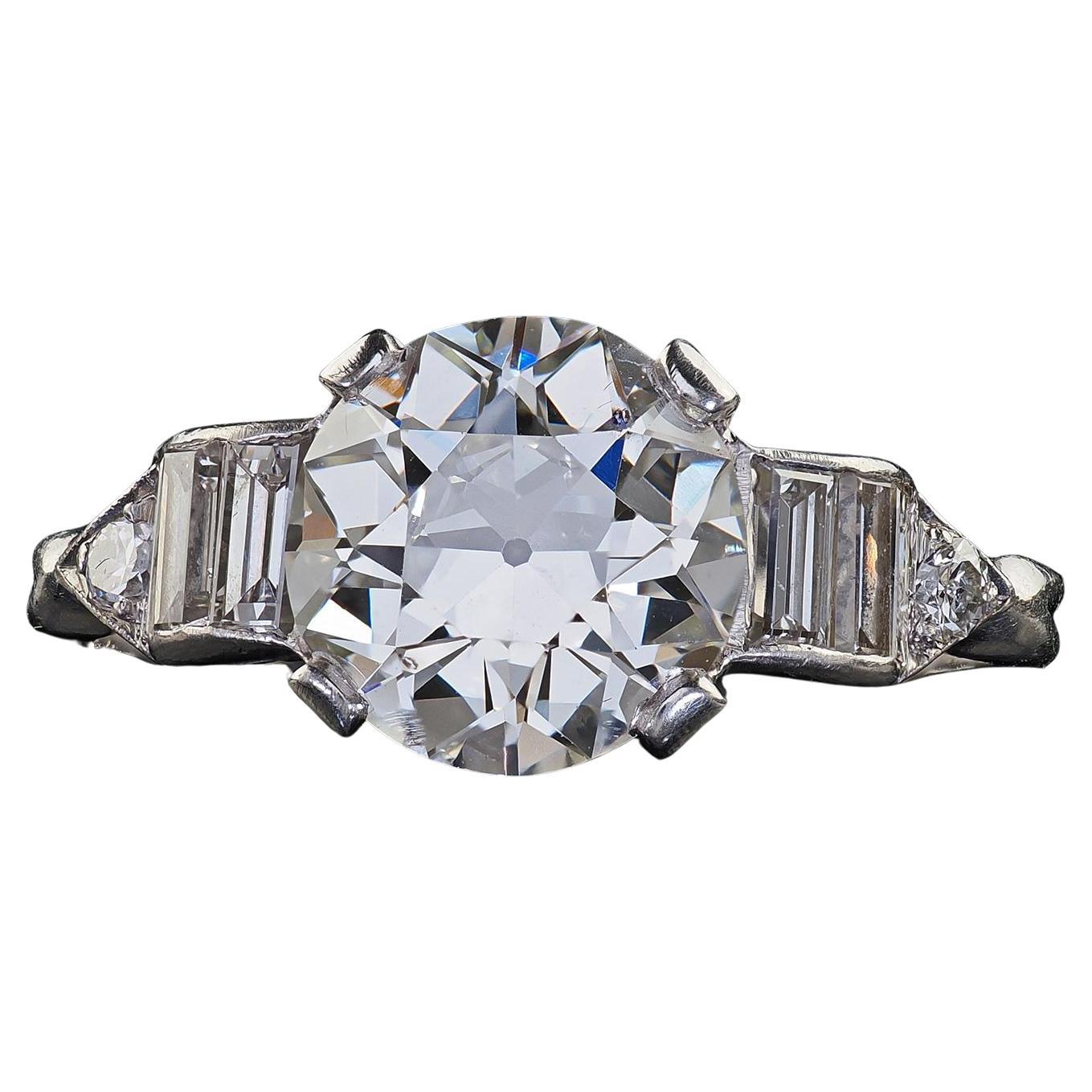 Antique Art Deco Platinum Old European Diamond Baguette Engagement Ring - GIA