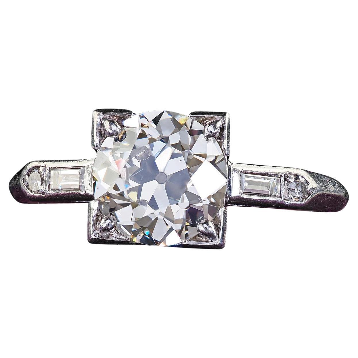 Bague de fiançailles Art déco ancienne en platine avec diamant baguette vieille Europe - GIA en vente