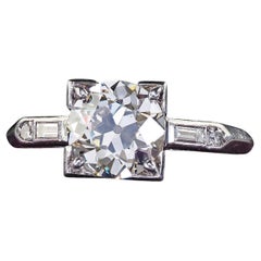 Antiker Art Deco Platin-Verlobungsring mit Baguette-Diamant im alteuropäischen Art déco-Stil - GIA