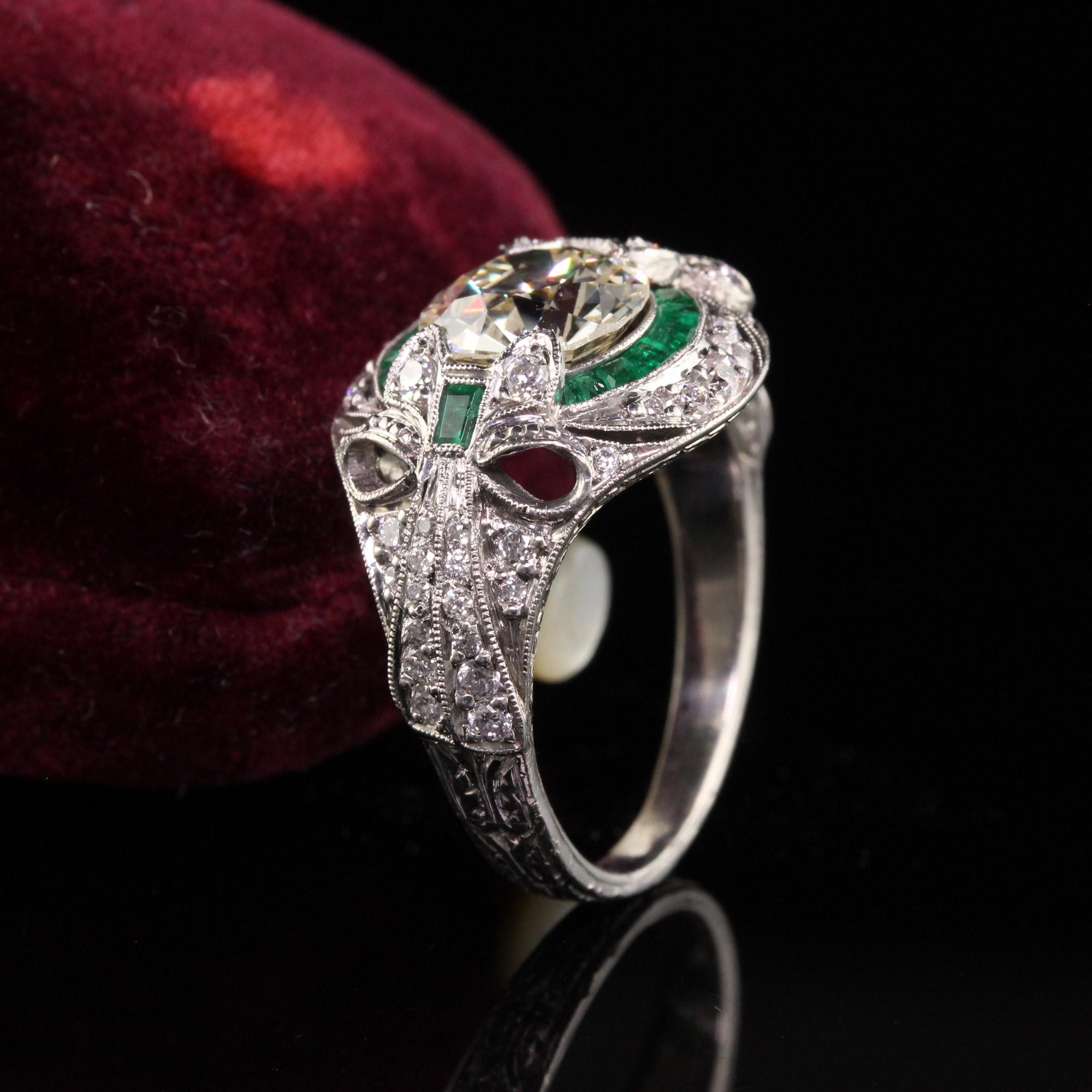 Old European Cut Antique Art Deco Platinum Old European Diamond Emerald Engagement Ring, GIA