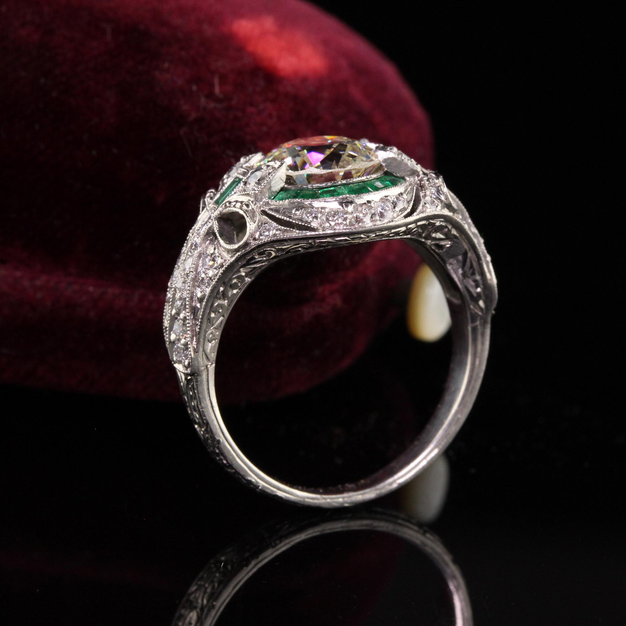 Antique Art Deco Platinum Old European Diamond Emerald Engagement Ring, GIA In Good Condition In Great Neck, NY