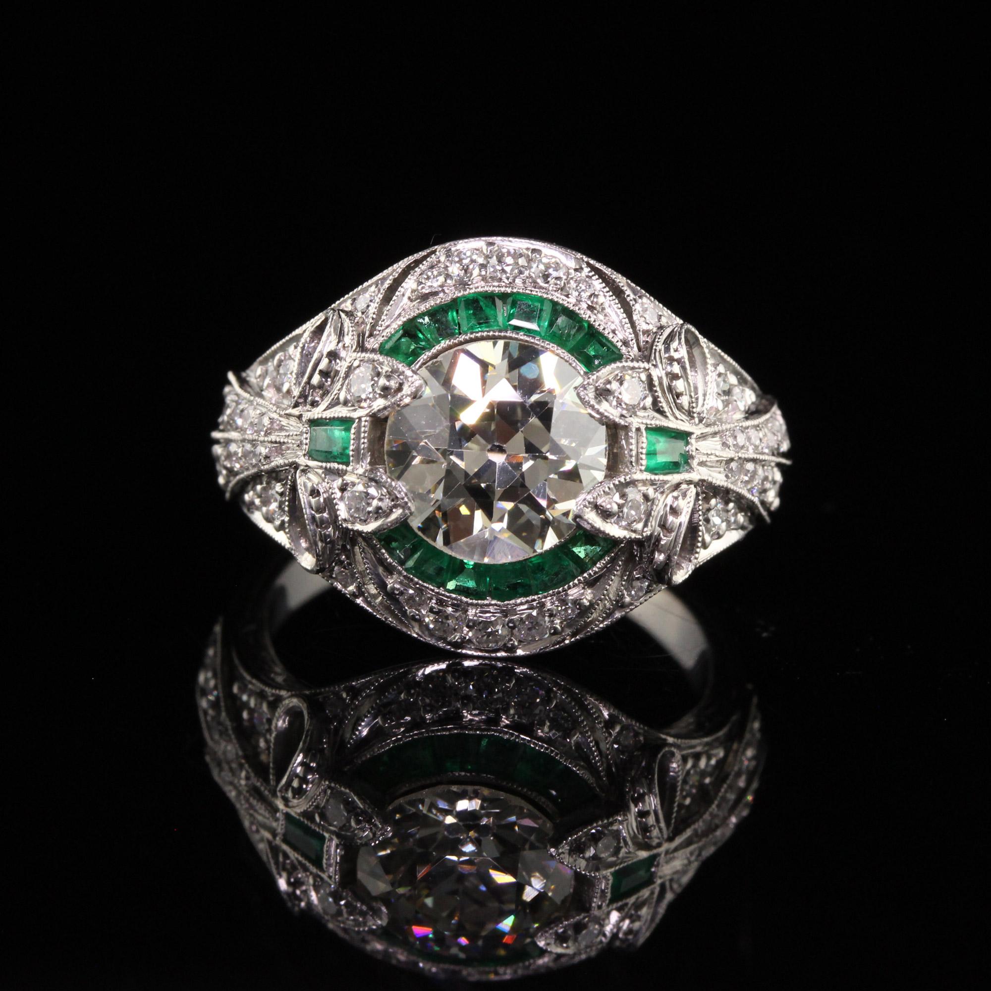 Women's Antique Art Deco Platinum Old European Diamond Emerald Engagement Ring, GIA