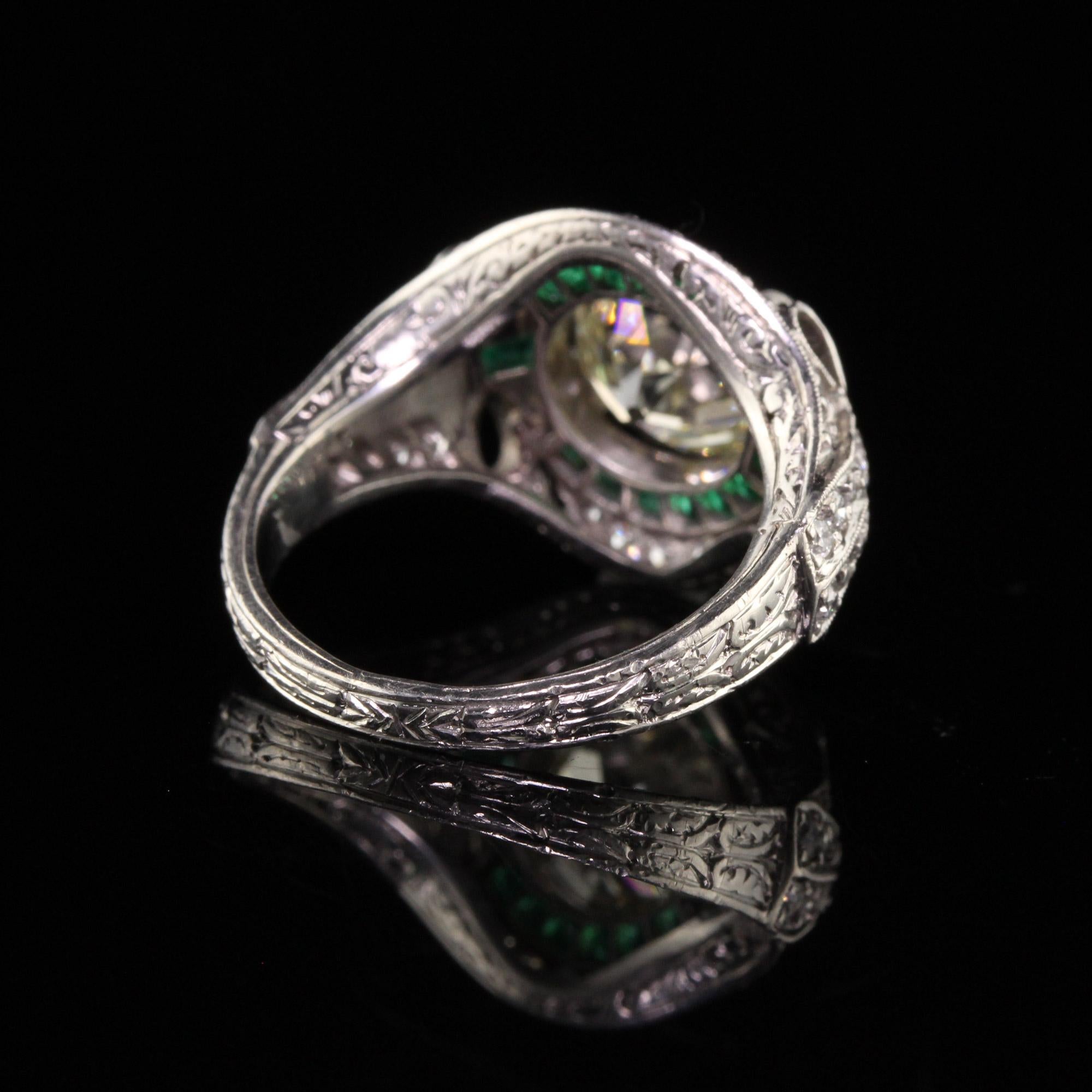 Antique Art Deco Platinum Old European Diamond Emerald Engagement Ring, GIA 1