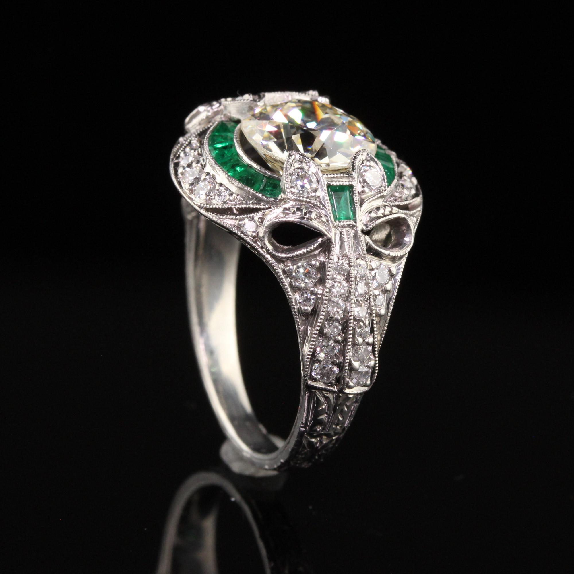 Antique Art Deco Platinum Old European Diamond Emerald Engagement Ring, GIA 2