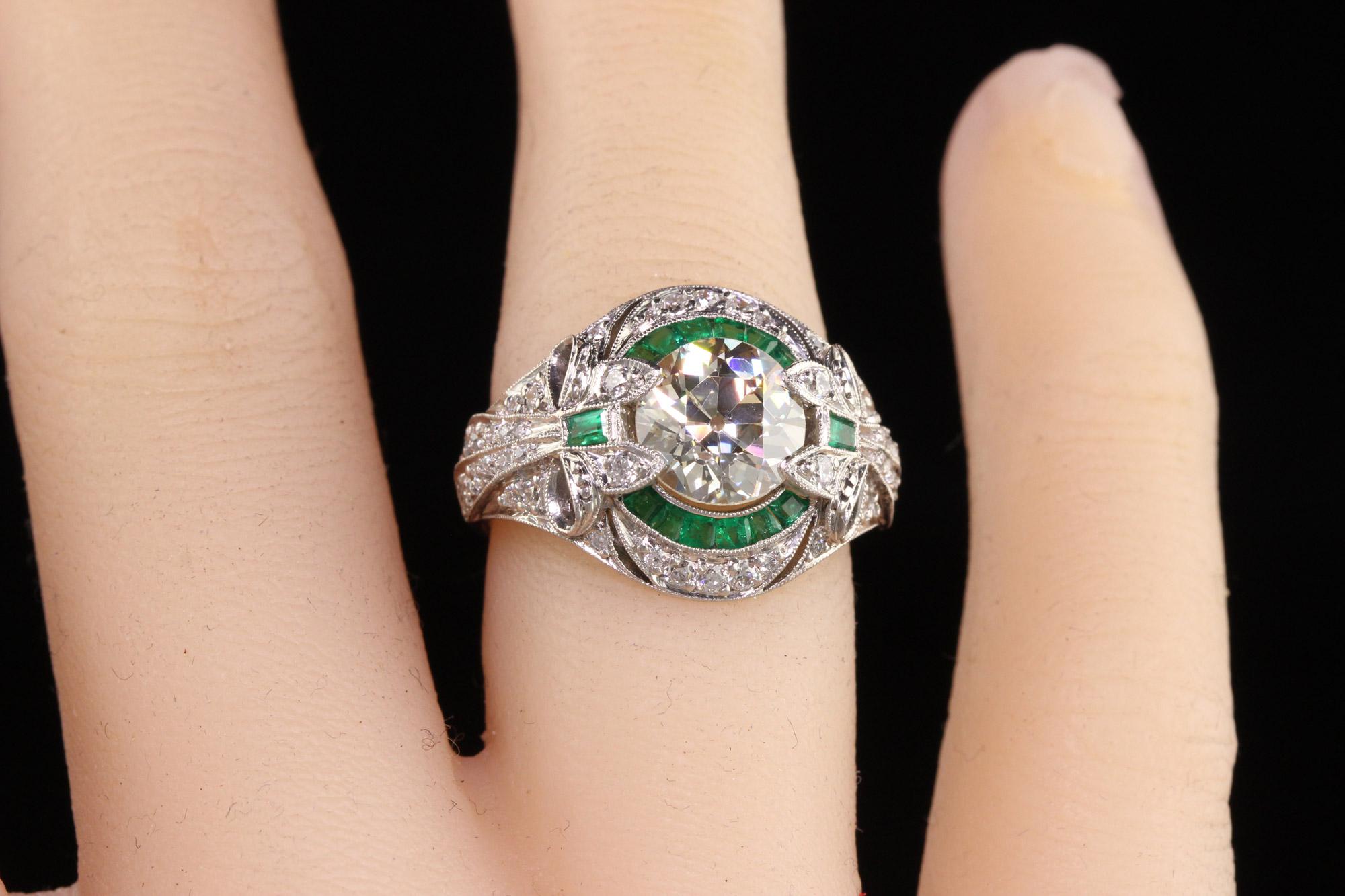 Antique Art Deco Platinum Old European Diamond Emerald Engagement Ring, GIA 3