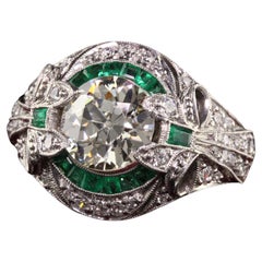 Antique Art Deco Platinum Old European Diamond Emerald Engagement Ring, GIA
