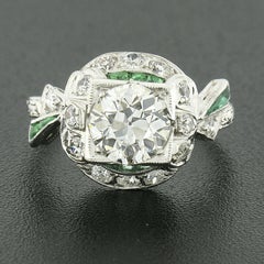 Antique Art Deco Platinum Old European Diamond & Emerald Ribbon Engagement Ring