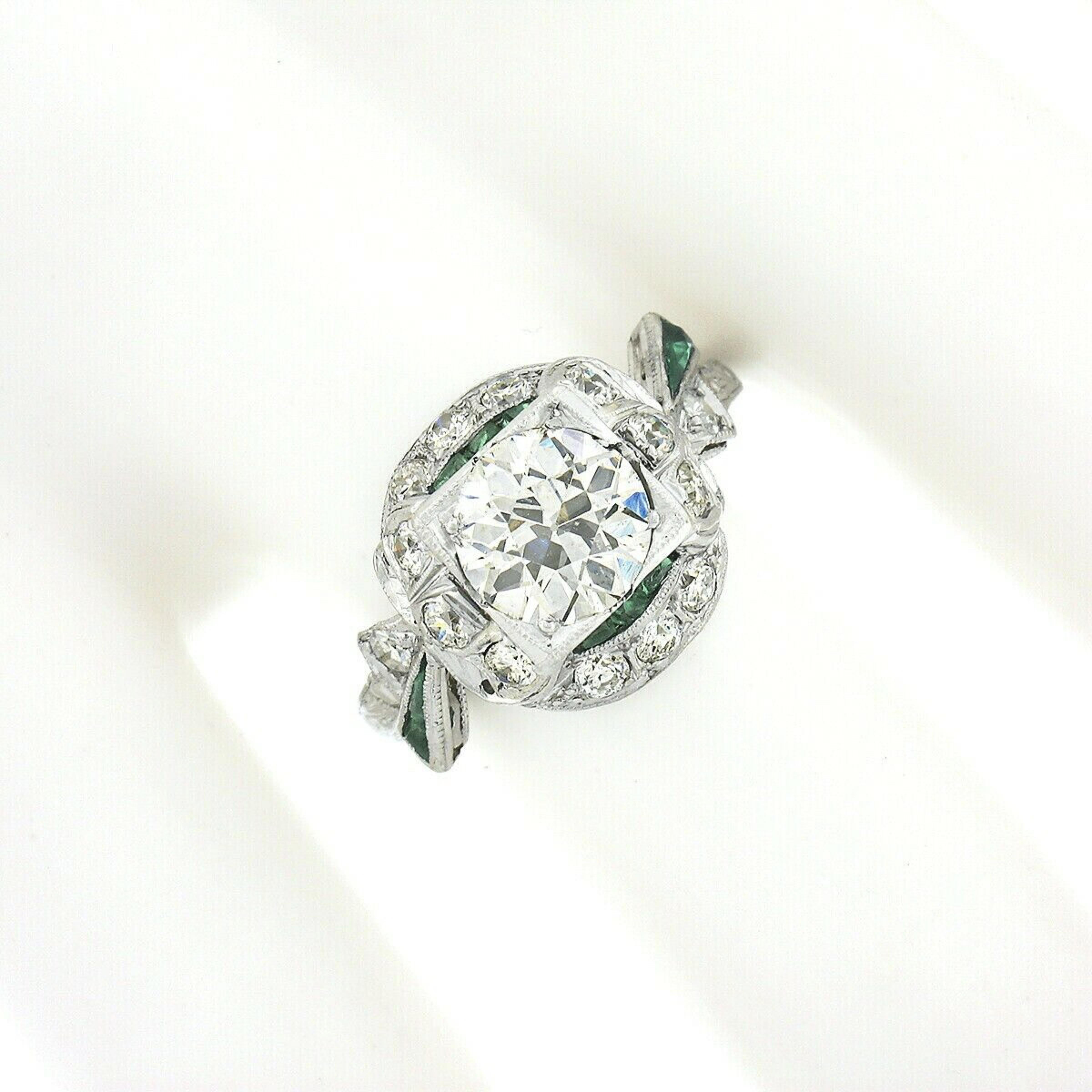 Old European Cut Antique Art Deco Platinum Old European Diamond & Emerald Ribbon Engagement Ring For Sale