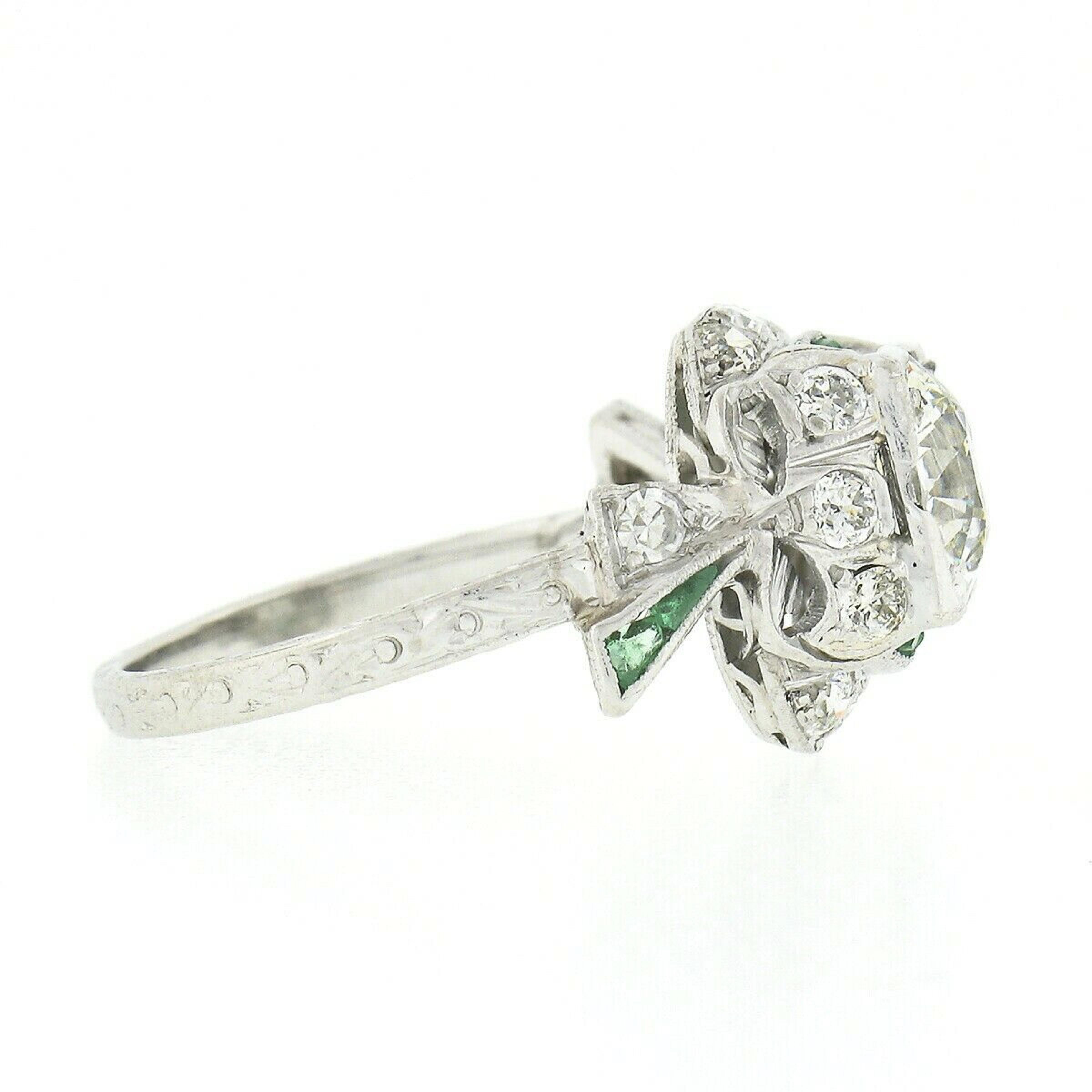 Women's Antique Art Deco Platinum Old European Diamond & Emerald Ribbon Engagement Ring For Sale