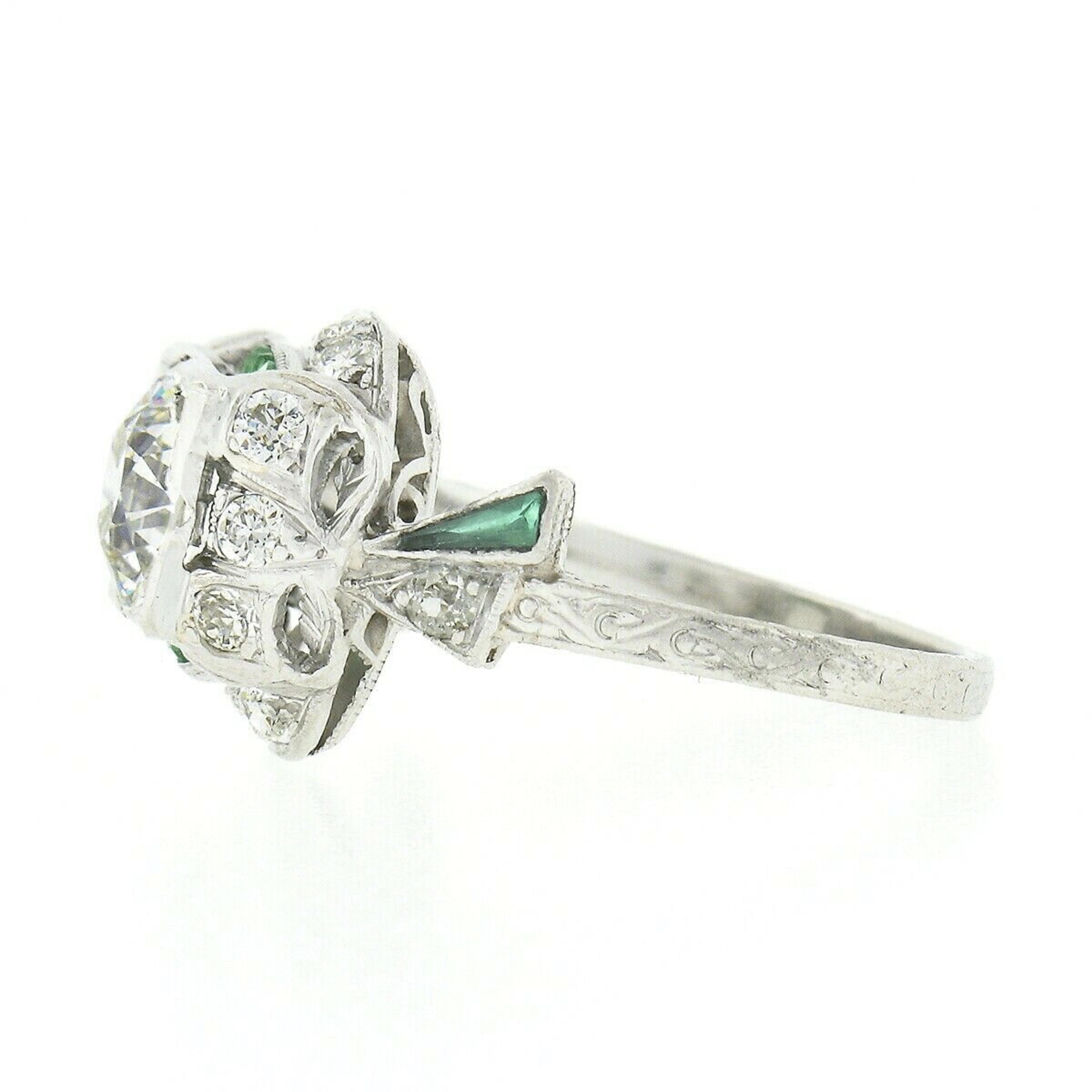 Antique Art Deco Platinum Old European Diamond & Emerald Ribbon Engagement Ring For Sale 1