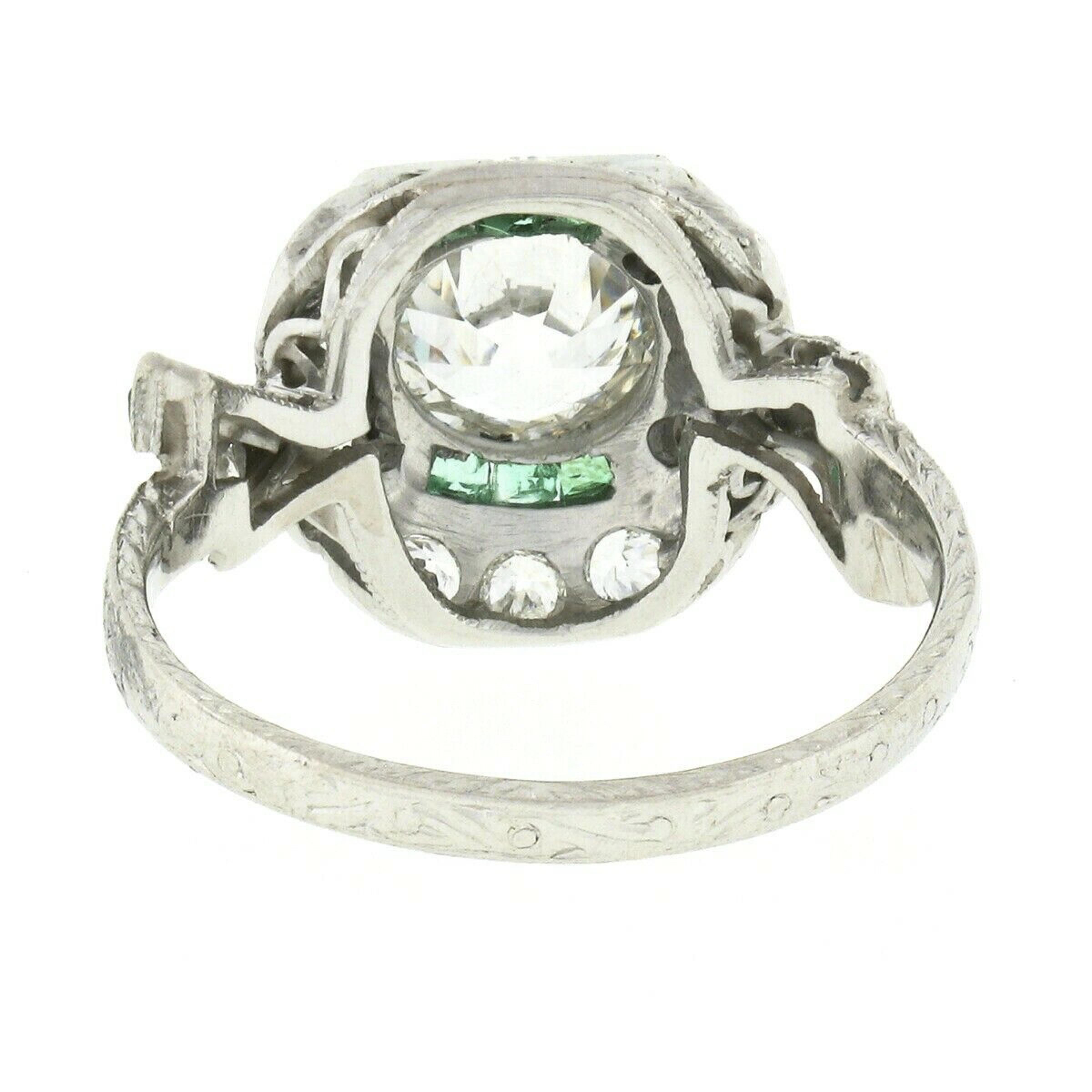 Antique Art Deco Platinum Old European Diamond & Emerald Ribbon Engagement Ring For Sale 2
