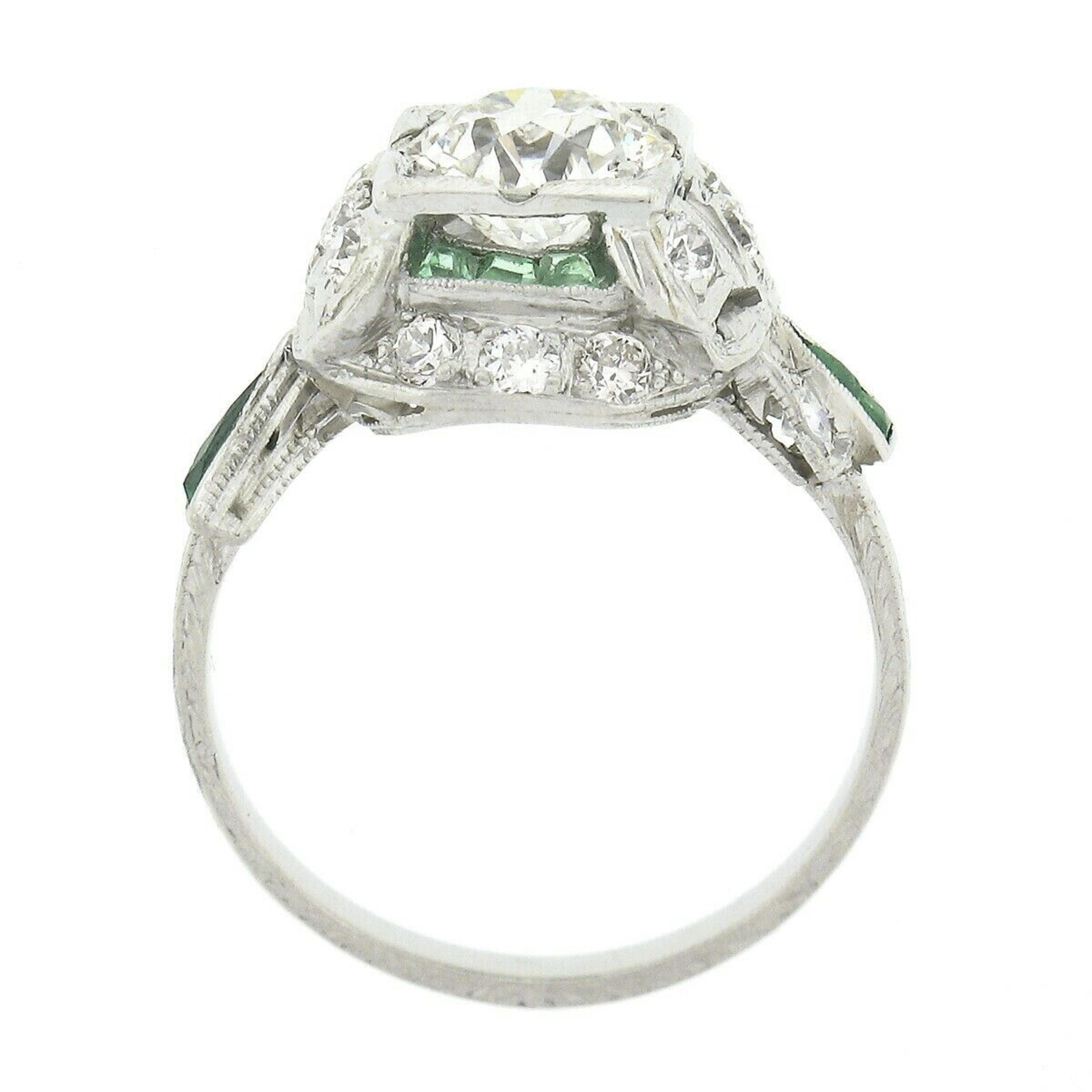 Antique Art Deco Platinum Old European Diamond & Emerald Ribbon Engagement Ring For Sale 3