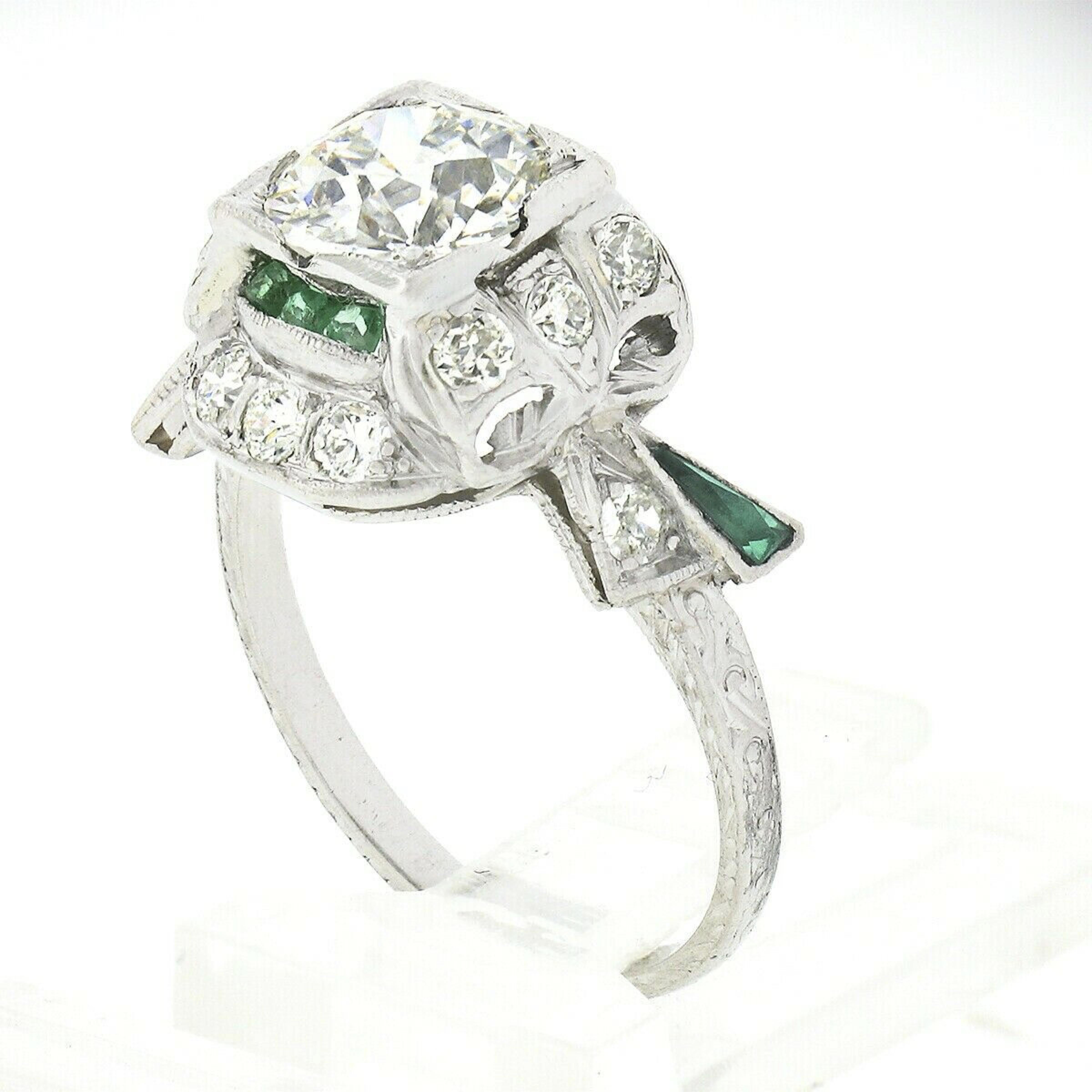 Antique Art Deco Platinum Old European Diamond & Emerald Ribbon Engagement Ring For Sale 4